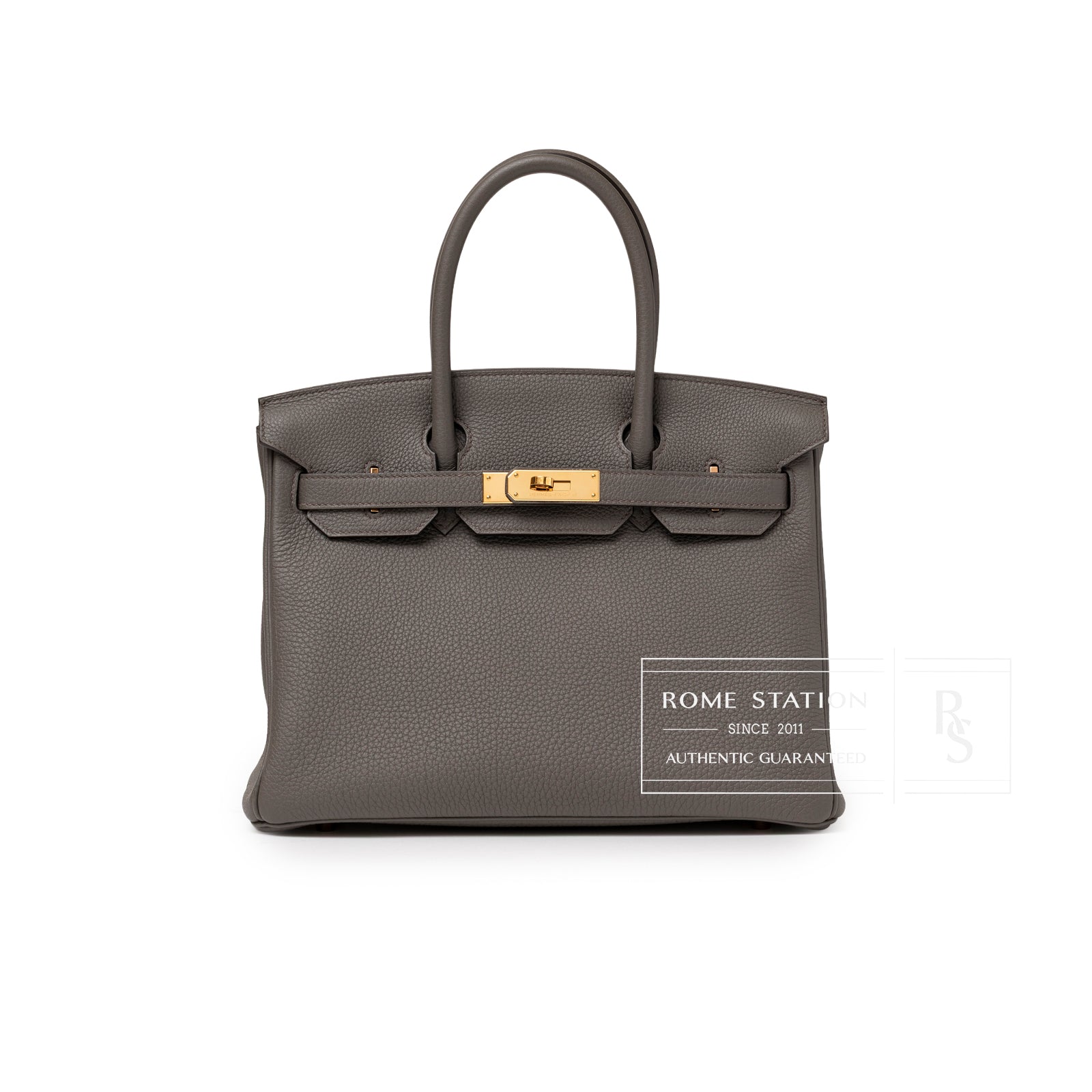Front view of Hermès Birkin 30 Etain Togo Rose Gold Hardware with textured gray leather and polished clasp