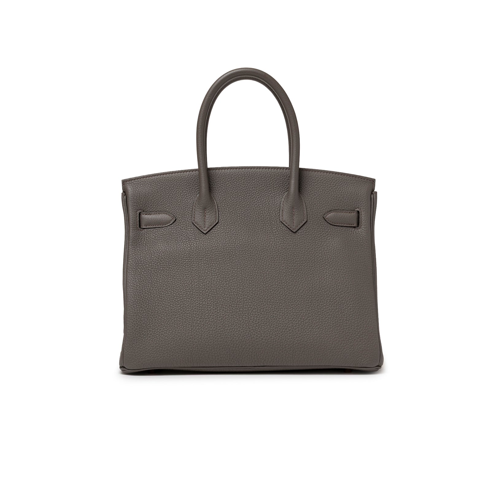 Back view of Hermès Birkin 30 Etain Togo Rose Gold Hardware showcasing muted gray textured leather and smooth handles