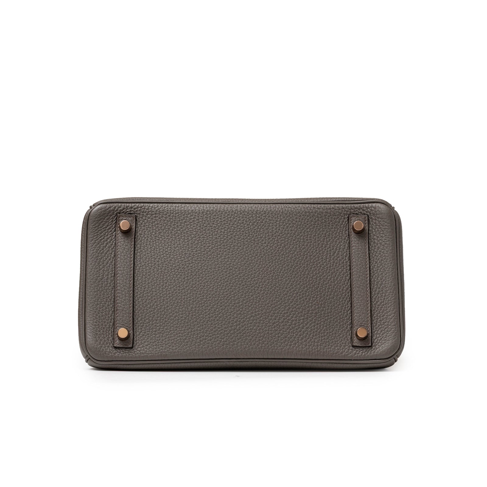 Bottom view showing gray textured Togo leather and rose gold feet on Hermès Birkin 30 Etain Togo Rose Gold Hardware handbag
