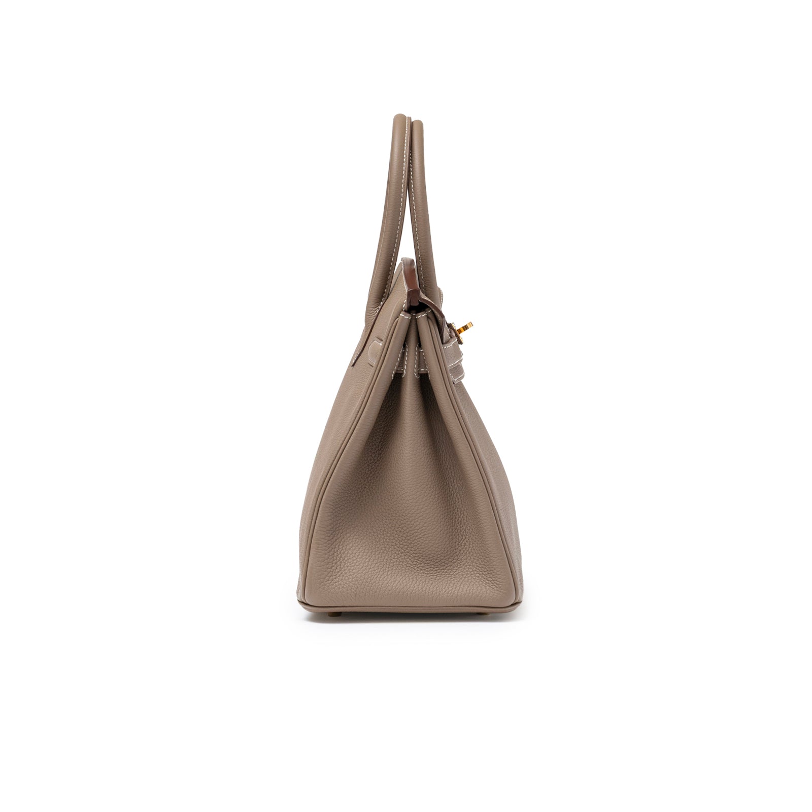 Side view of Hermès Birkin 30 Etoupe Togo Gold Hardware showing smooth leather texture and structured shape