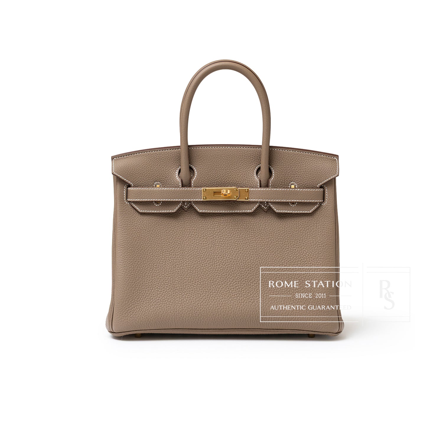 Front view of Hermès Birkin 30 Etoupe Togo Gold Hardware showing textured leather and gold clasp details