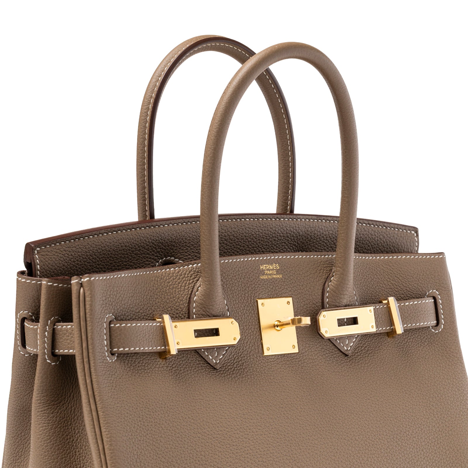 Close-up angled view of Hermès Birkin 30 Etoupe Togo Gold Hardware showing leather texture and hardware details