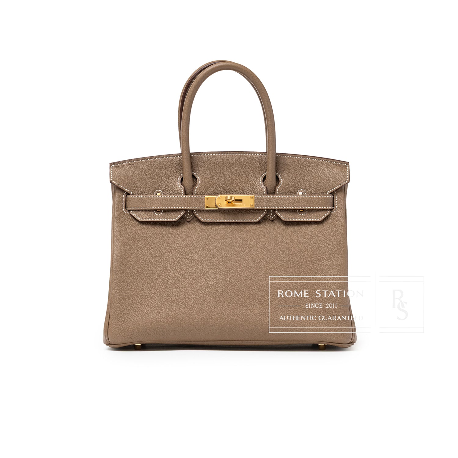 Front view of Hermès Birkin 30 Etoupe Togo Gold Hardware showcasing its taupe leather and gold clasp details