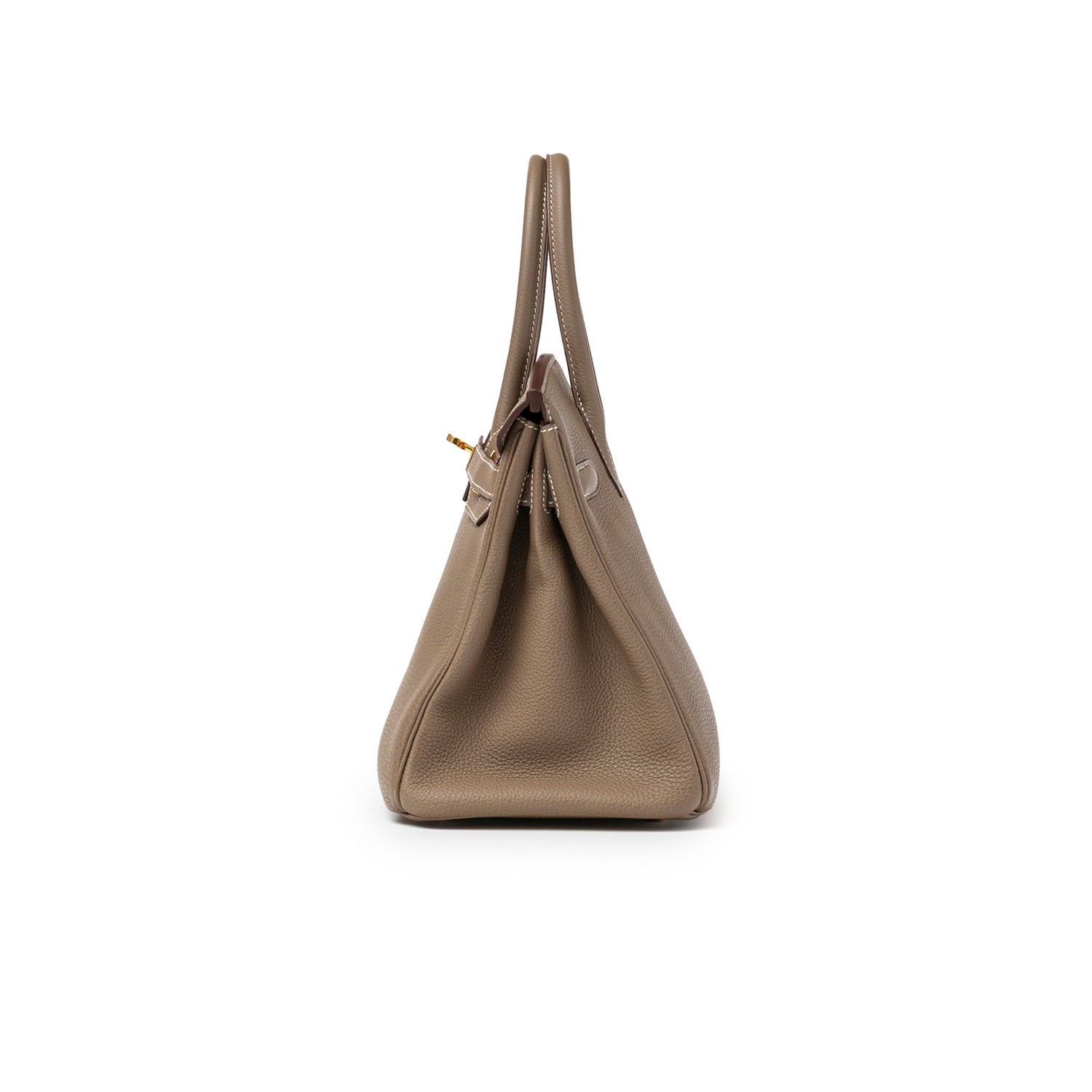 Side view of Hermès Birkin 30 Etoupe Togo Gold Hardware showing leather texture and handle detail