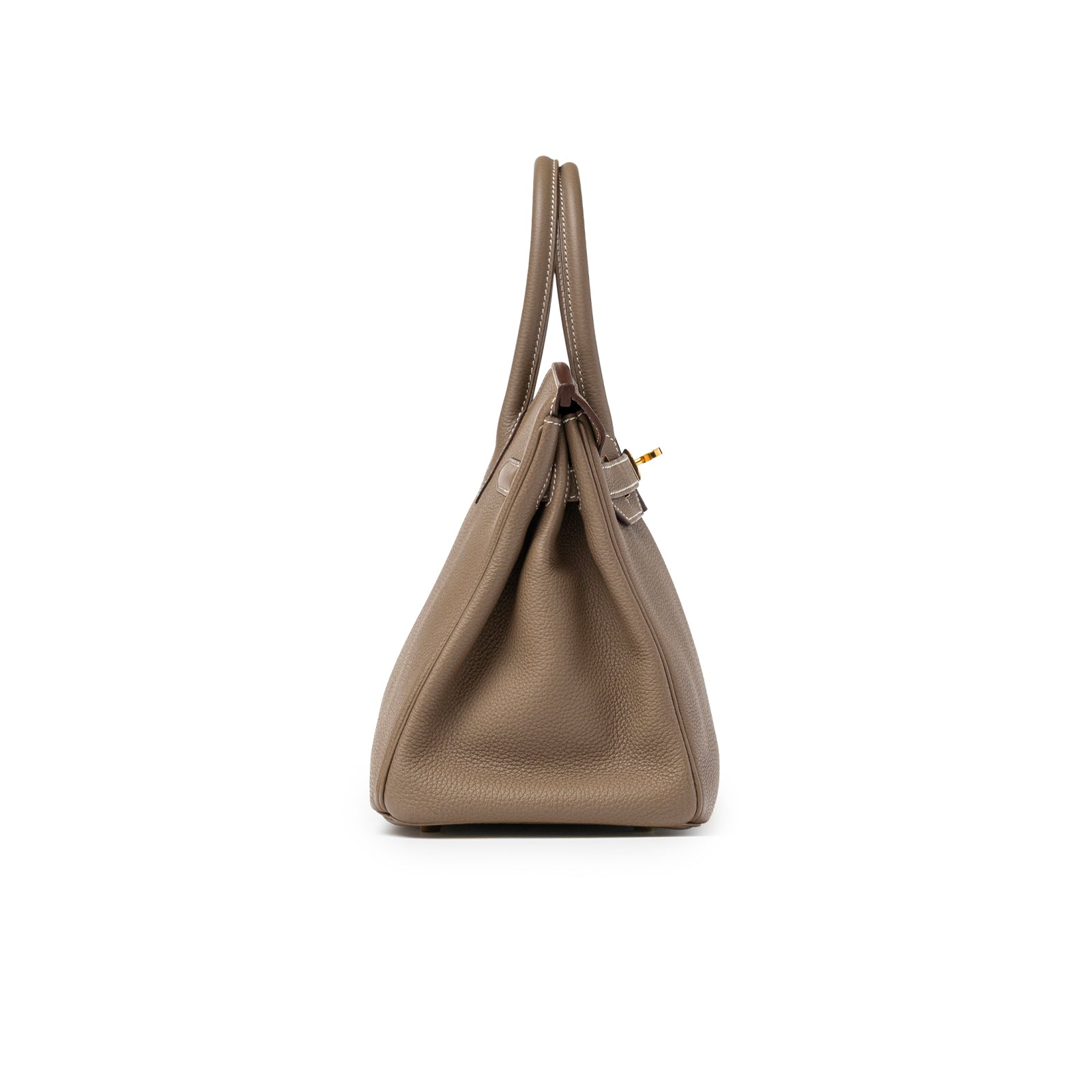 Side view of Hermès Birkin 30 Etoupe Togo Gold Hardware showcasing textured leather and structured silhouette