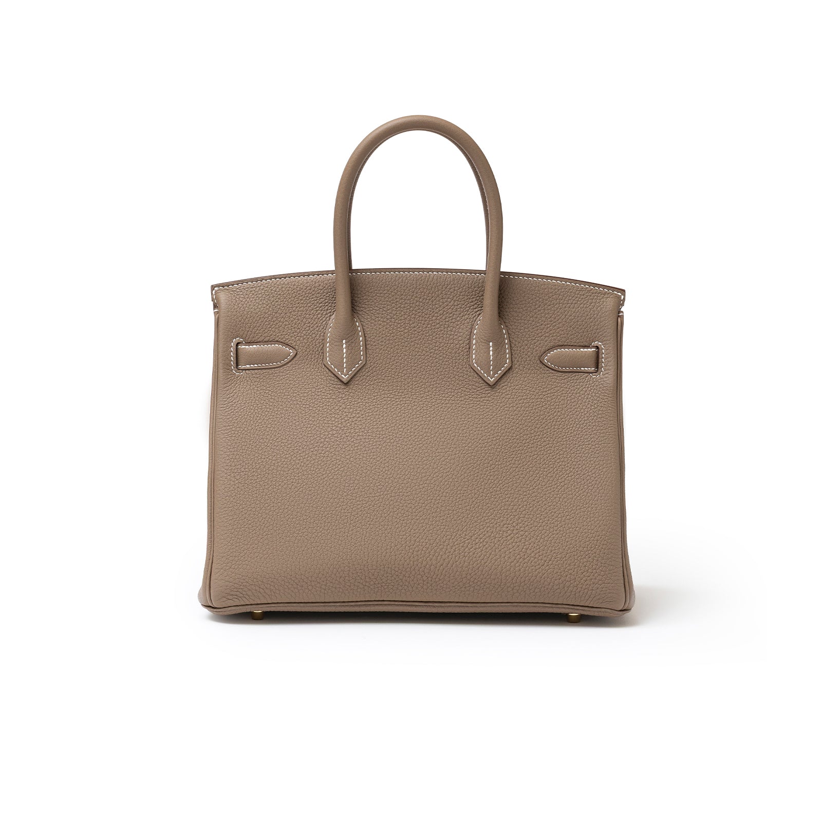 Back view of Hermès Birkin 30 Etoupe Togo Gold Hardware showcasing pebbled leather texture and handles