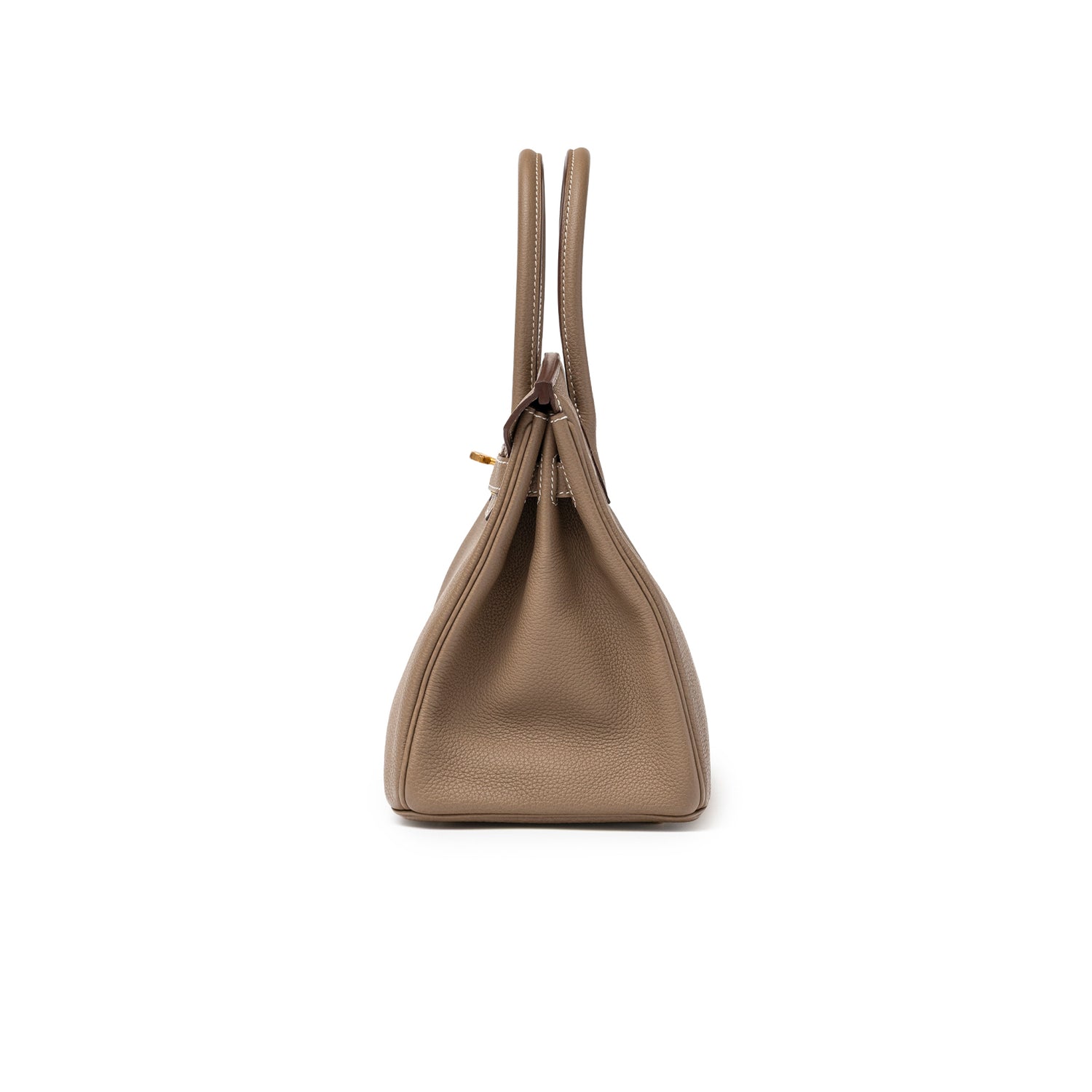 Side profile of Hermès Birkin 30 Etoupe Togo Gold Hardware handbag showing textured leather and handles upright