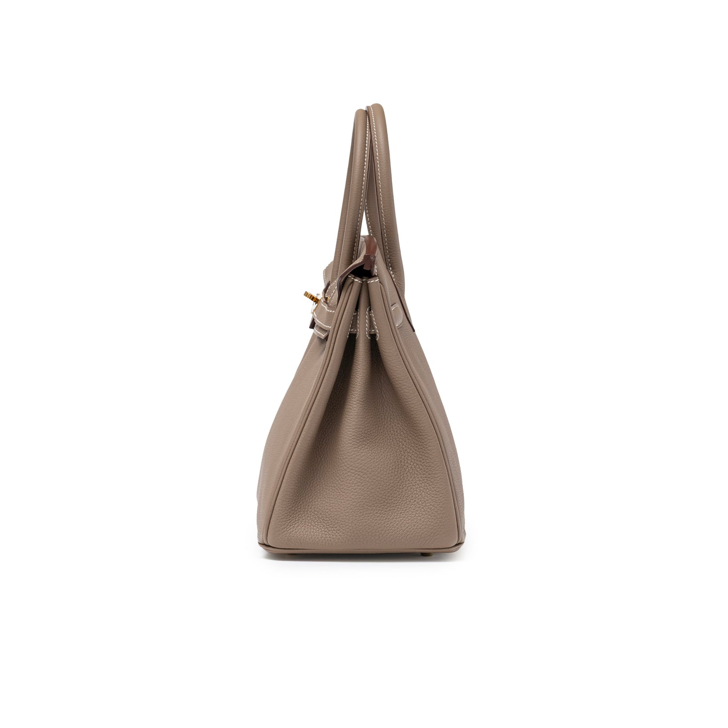 Side profile of Hermès Birkin 30 Etoupe Togo Gold Hardware displaying textured leather and structured silhouette