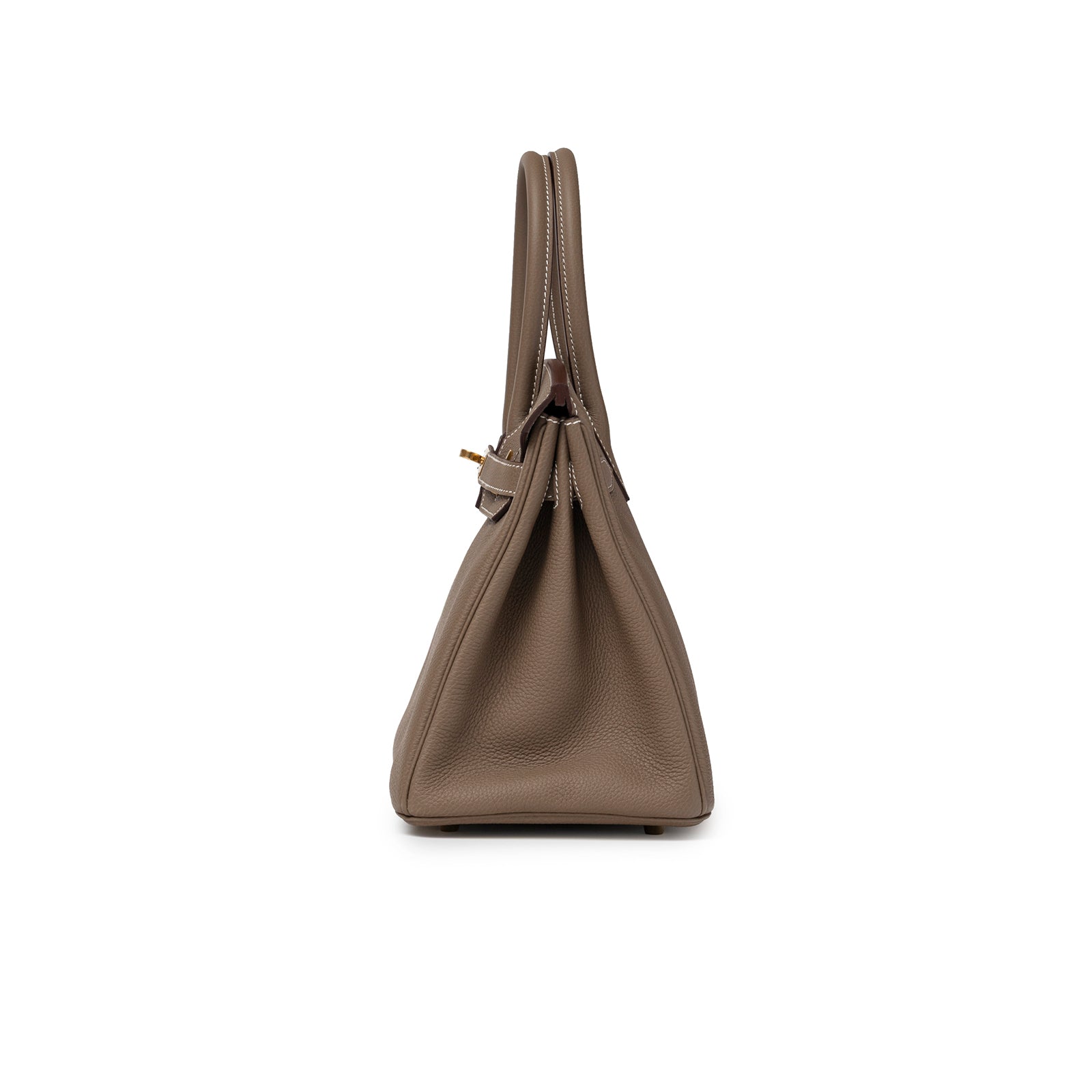 Side profile of Hermès Birkin 30 Etoupe Togo Gold Hardware showcasing leather texture and handle detail