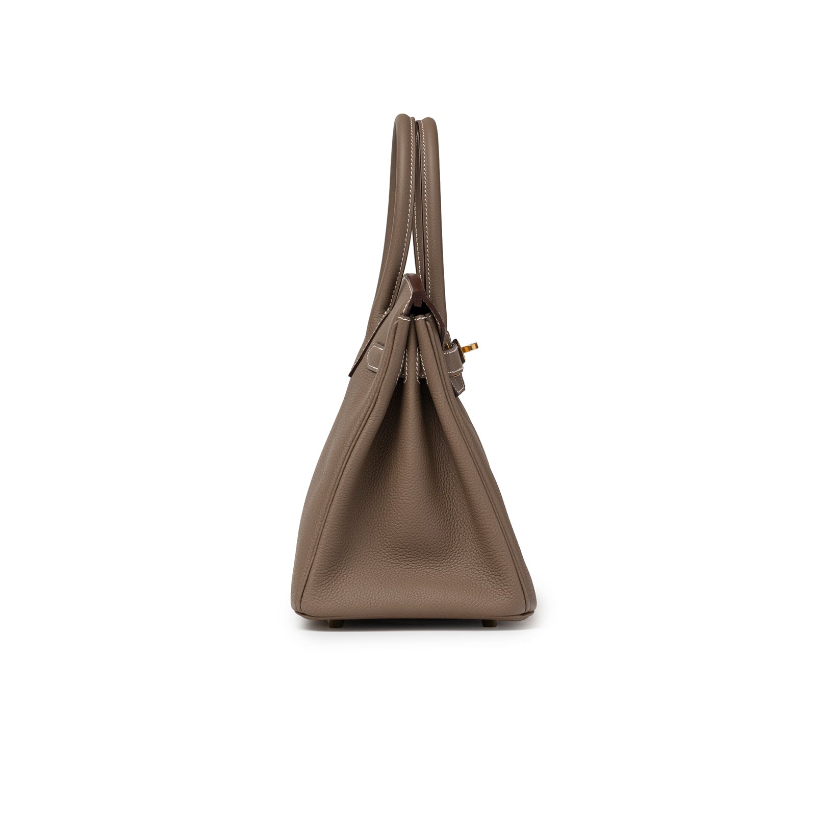 Side profile of Hermès Birkin 30 Etoupe Togo Gold Hardware showcasing leather texture and handle shape