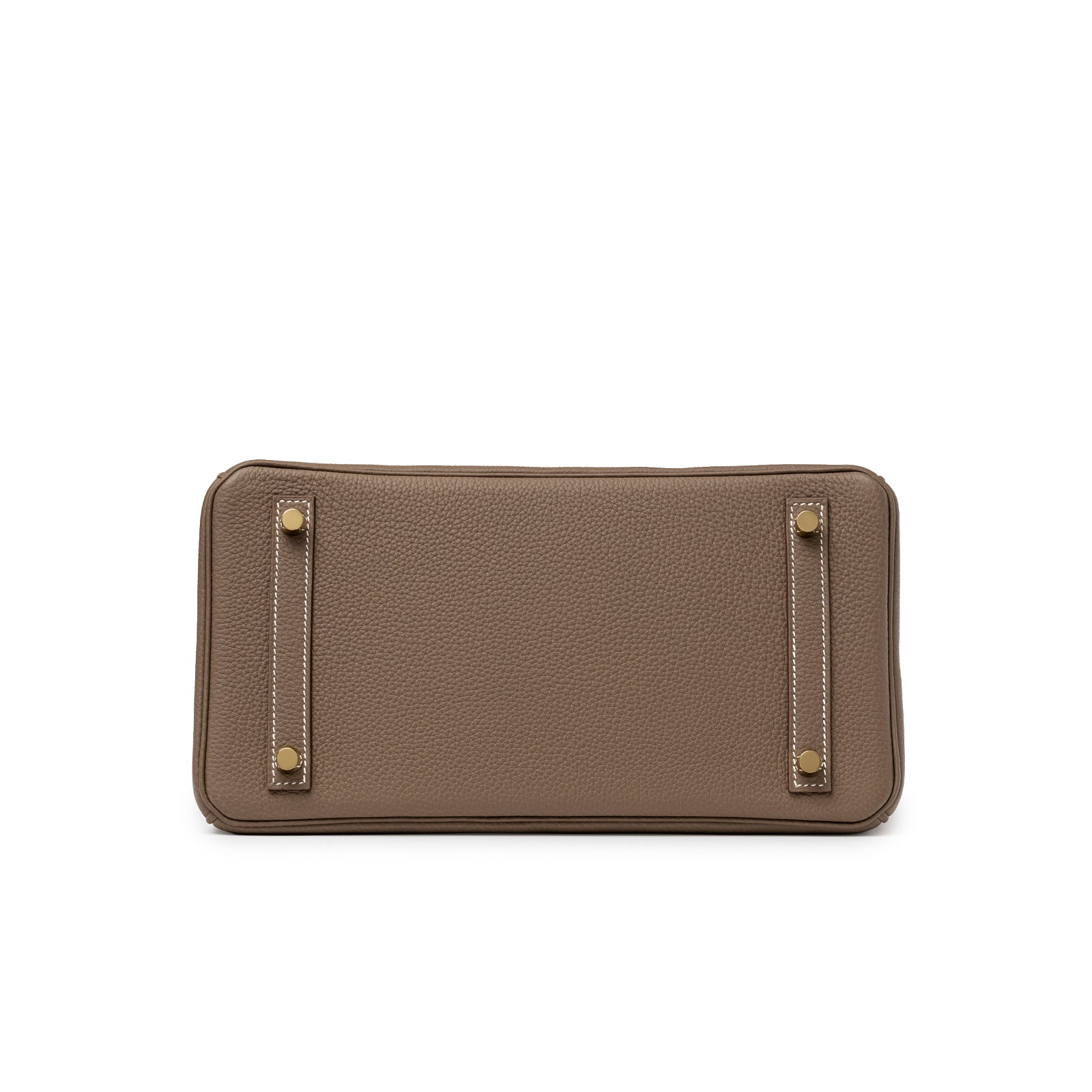 Bottom view showing gold hardware and textured leather on Hermès Birkin 30 Etoupe Togo Gold Hardware handbag