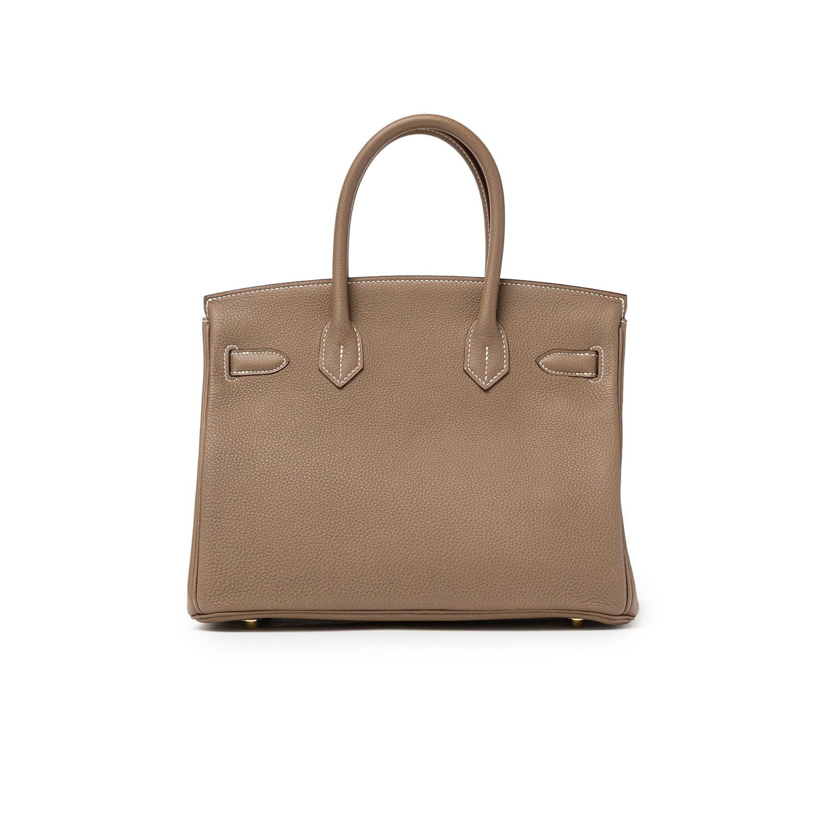 Back view of Hermès Birkin 30 Etoupe Togo Gold Hardware handbag showing smooth taupe leather and graceful handles
