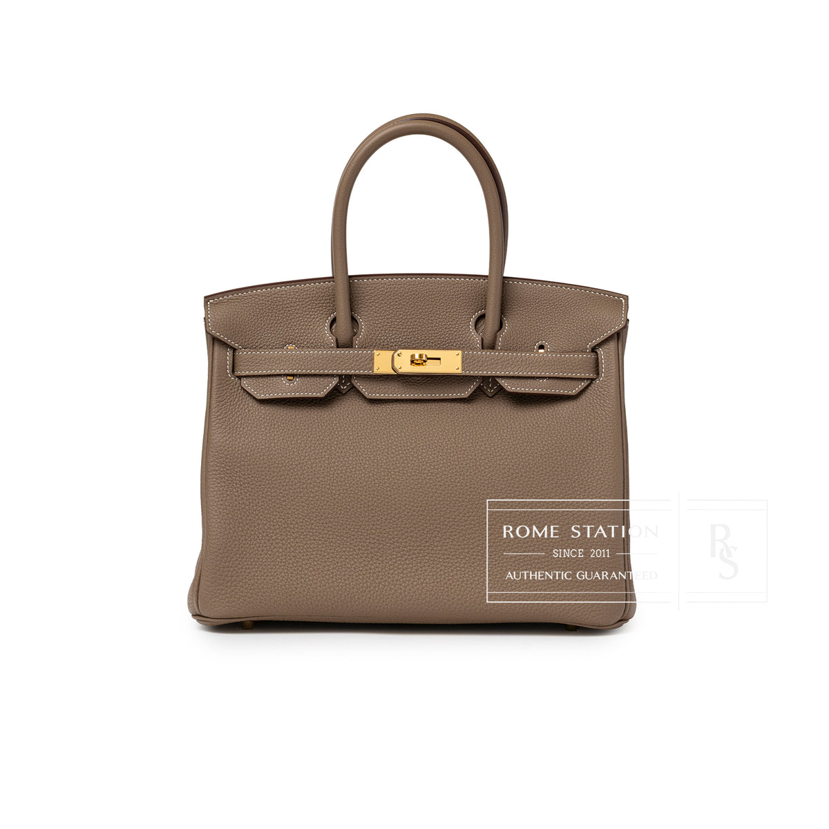 Hermès Birkin 30 Etoupe Togo Gold Hardware front view with handles and signature clasp