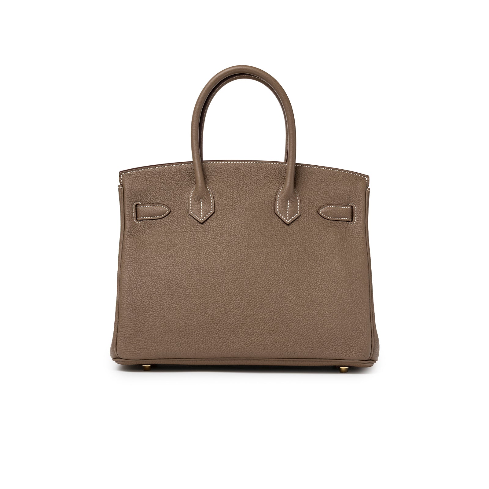 Hermès Birkin 30 Etoupe Togo Gold Hardware back view with structured handles and stitching