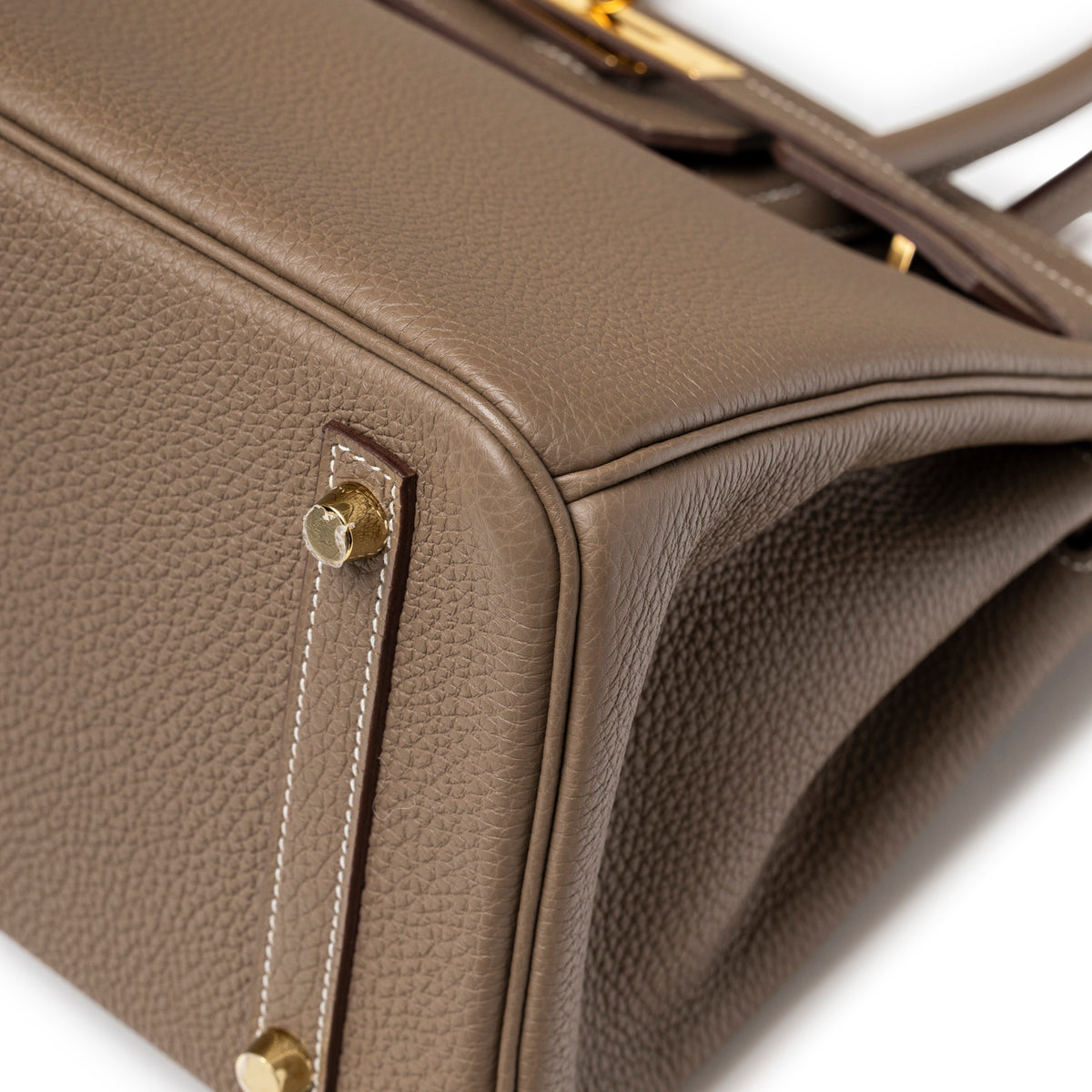 Hermès Birkin 30 Etoupe Togo Gold Hardware close-up of textured leather corner and gold feet