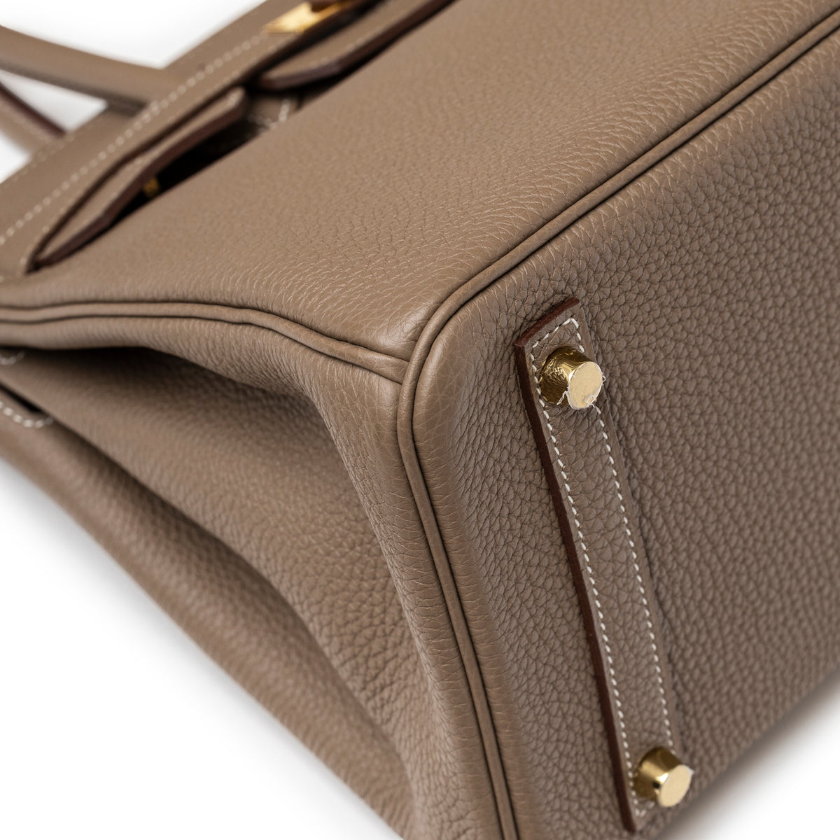 Hermès Birkin 30 Etoupe Togo Gold Hardware corner detail with protective feet