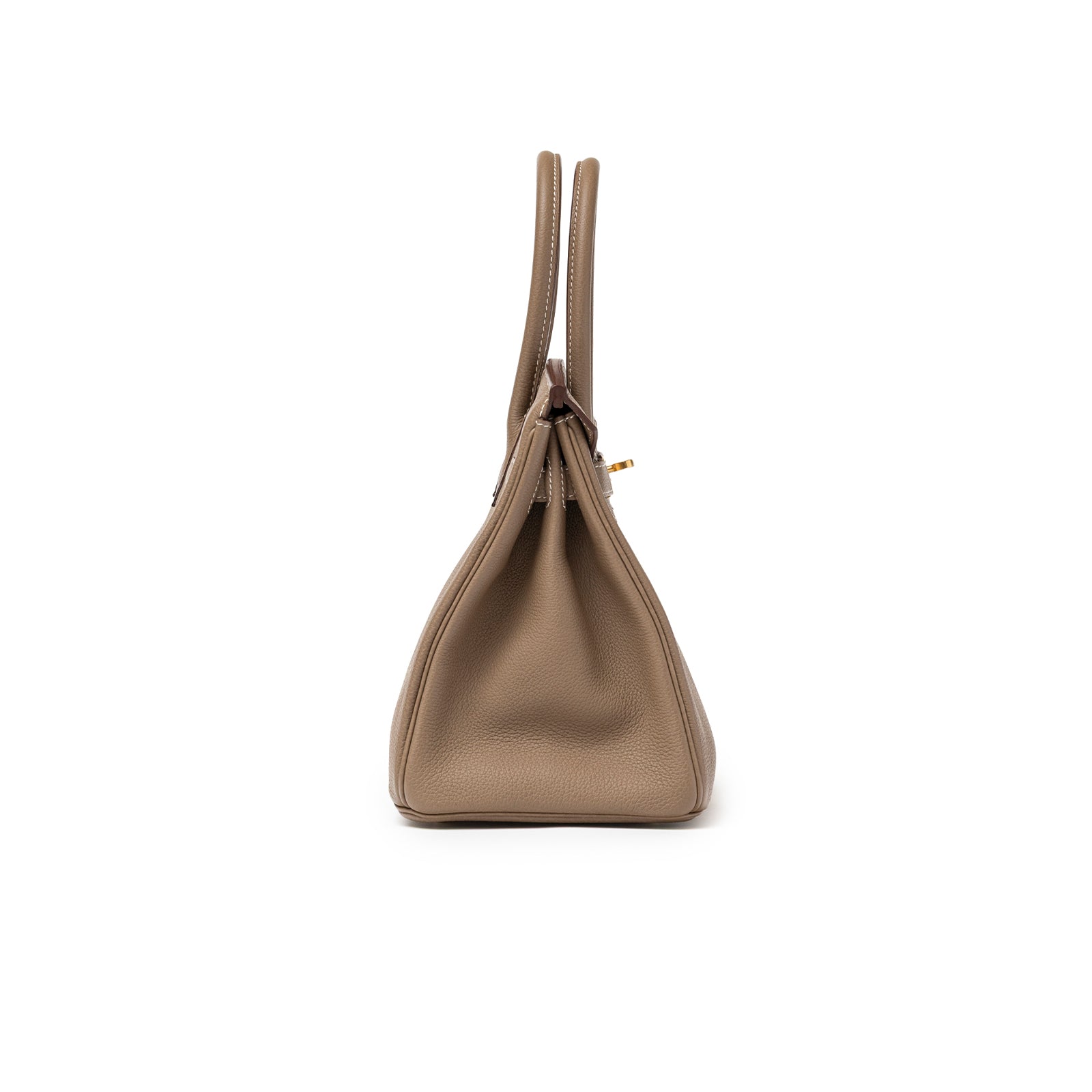 Side profile of Hermès Birkin 30 Etoupe Togo Gold Hardware showcasing smooth leather and structured handles.