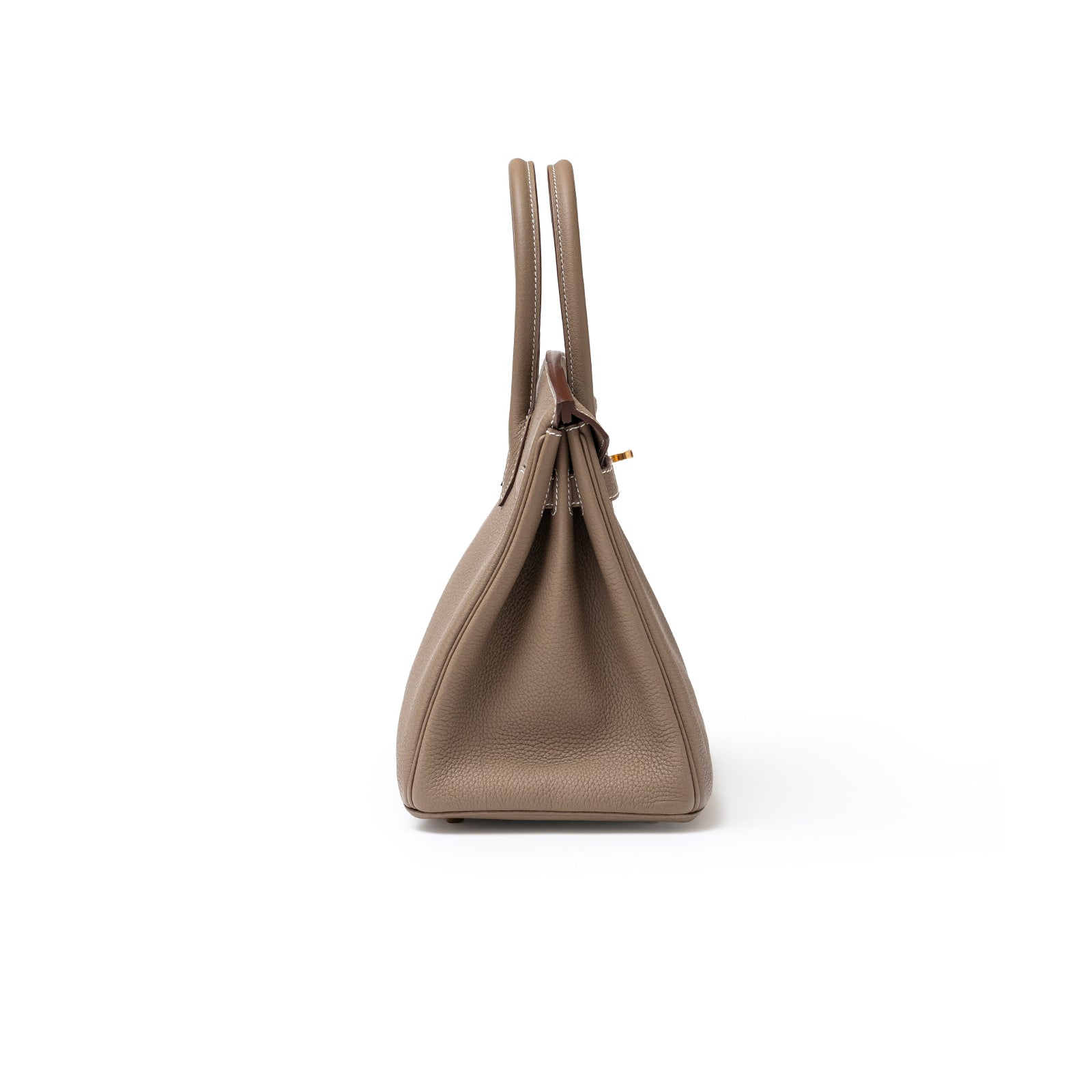 Side profile of Hermès Birkin 30 Etoupe Togo Gold Hardware showing textured leather and structured handles