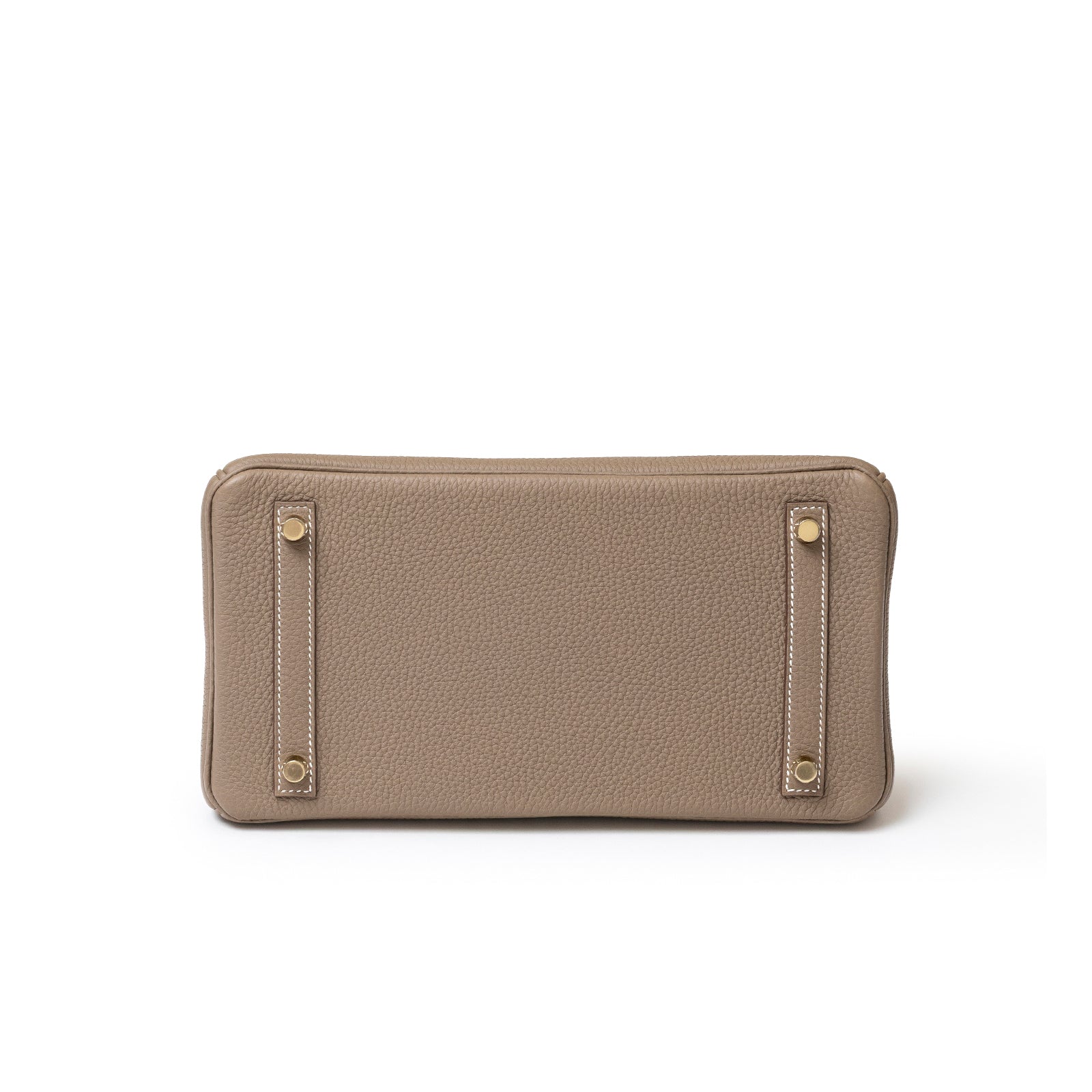 Bottom view of Hermès Birkin 30 Etoupe Togo Gold Hardware showing textured leather and gold feet details