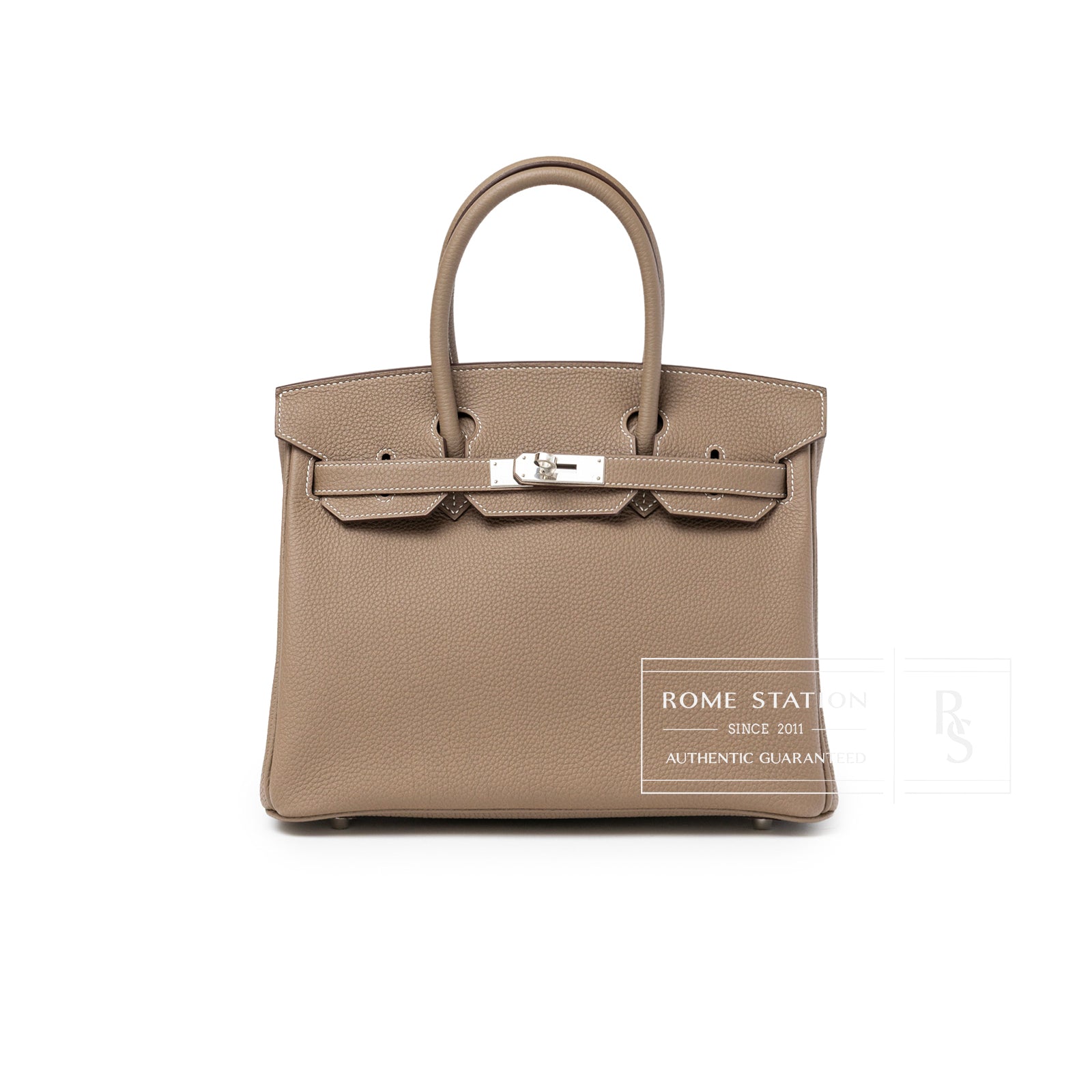 Front view of Hermès Birkin 30 Etoupe Togo Palladium Hardware leather handbag with top handles and clasp closure