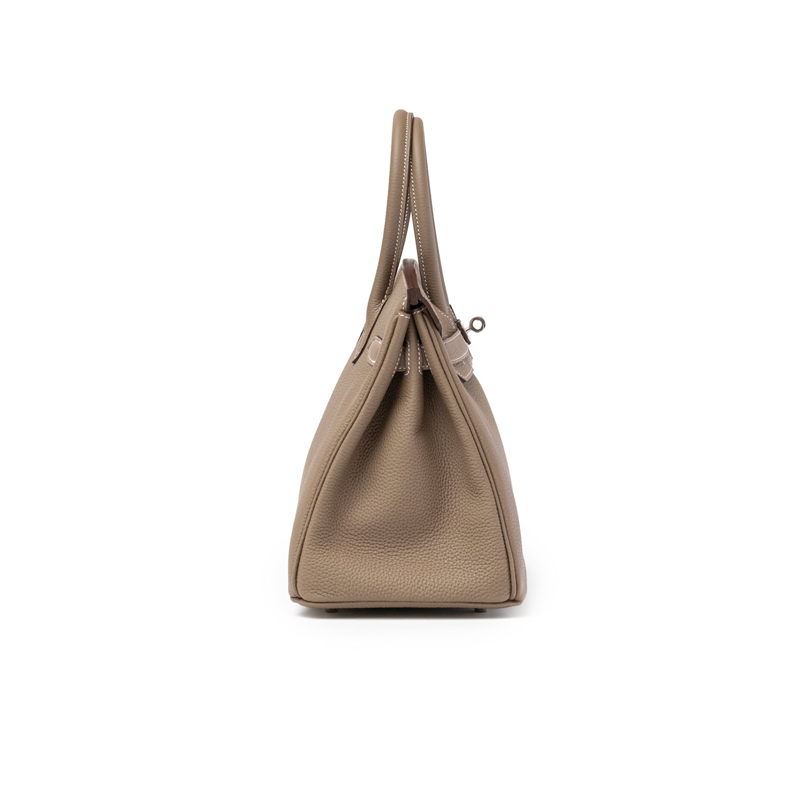 Side view of Hermès Birkin 30 Etoupe Togo Palladium Hardware showcasing textured leather and structured silhouette