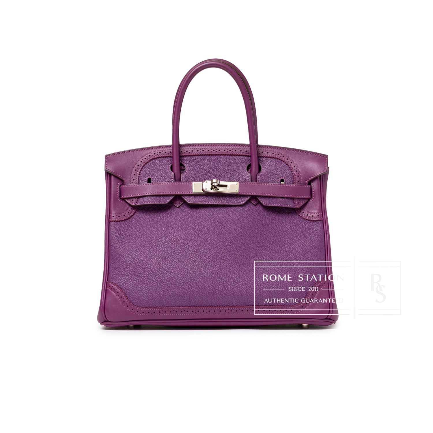 Front view of Hermès Birkin 30 Ghillies Anemone Togo Swift Palladium Hardware in vibrant purple leather