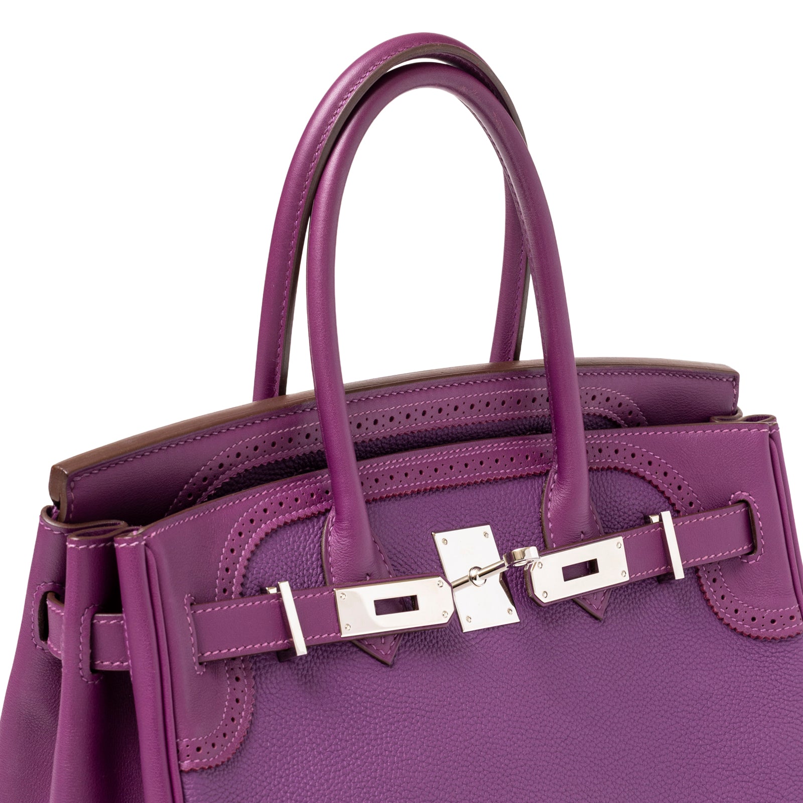 Angled close-up of Hermès Birkin 30 Ghillies Anemone Togo Swift Palladium Hardware showing clasp and handle details