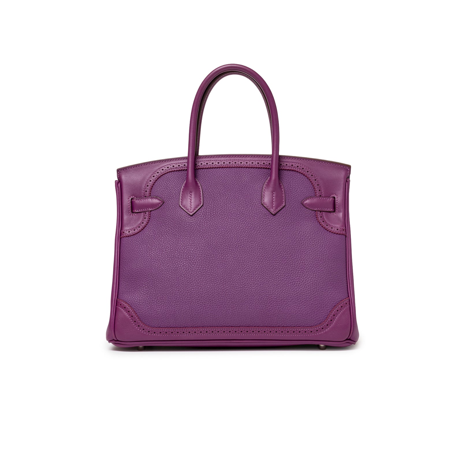 Back view of Hermès Birkin 30 Ghillies Anemone Togo Swift Palladium Hardware in rich purple leather with decorative stitching