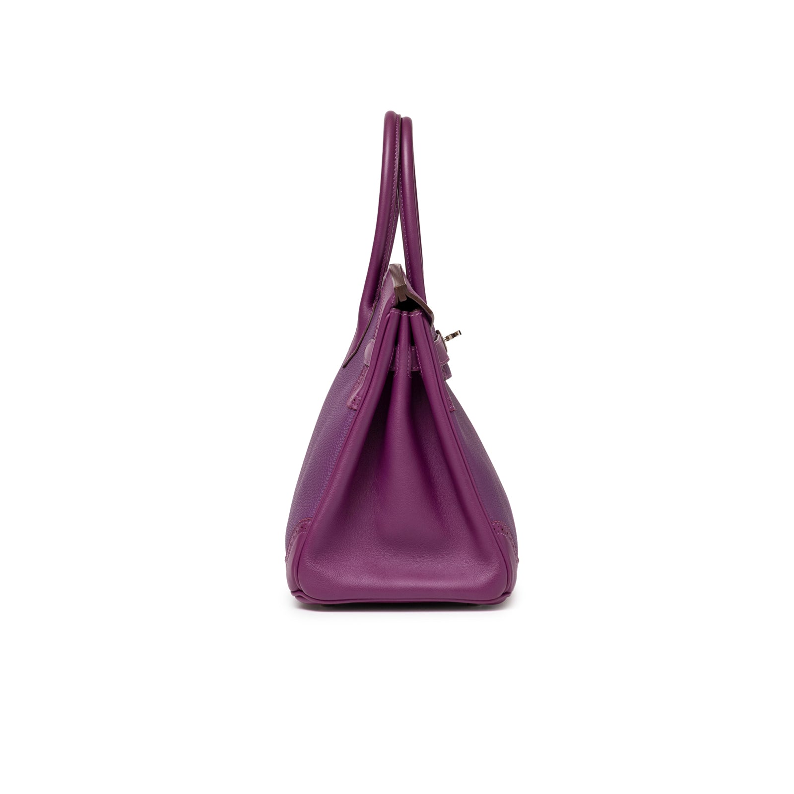 Side profile of Hermès Birkin 30 Ghillies Anemone Togo Swift Palladium Hardware in vibrant purple leather