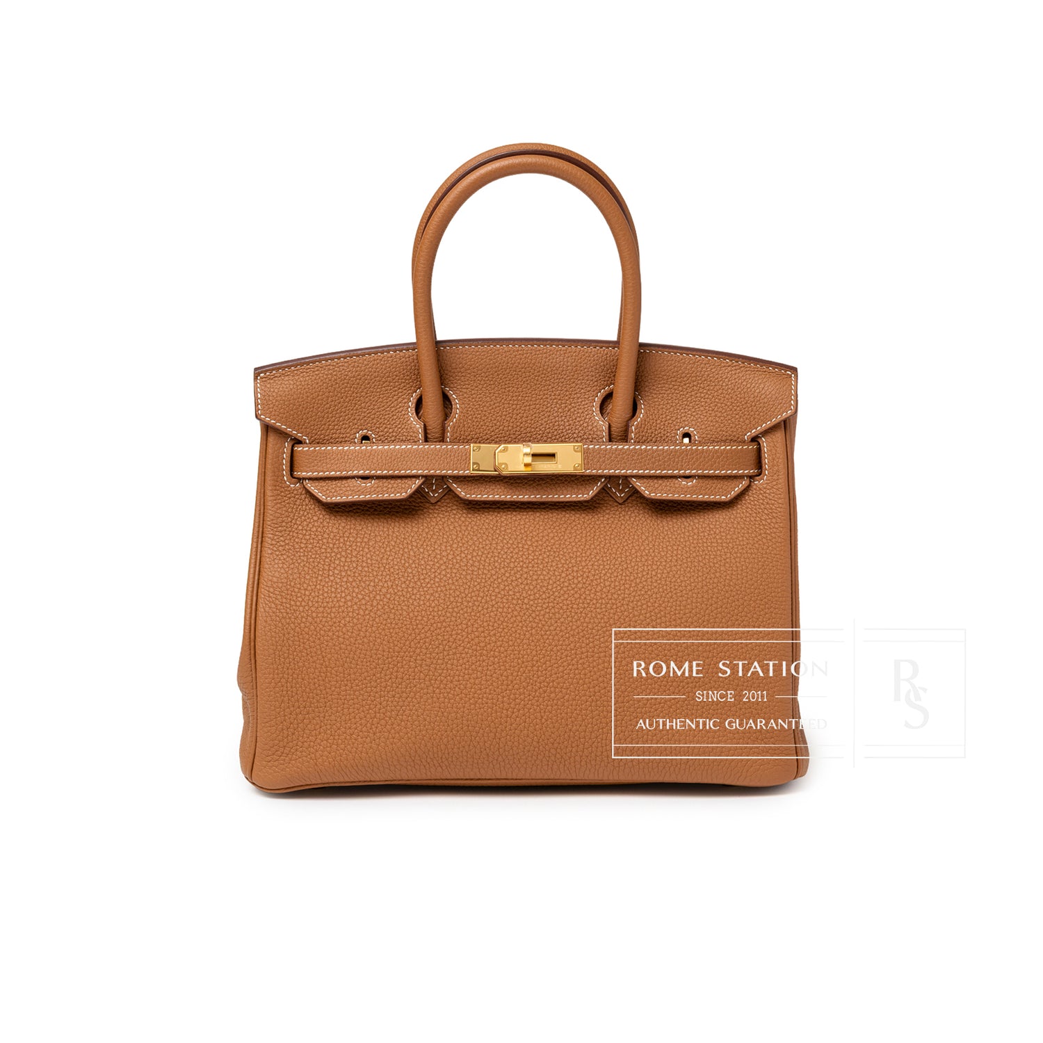 Front view of Hermès Birkin 30 Gold Togo Gold Hardware handbag in rich gold leather with polished gold clasp