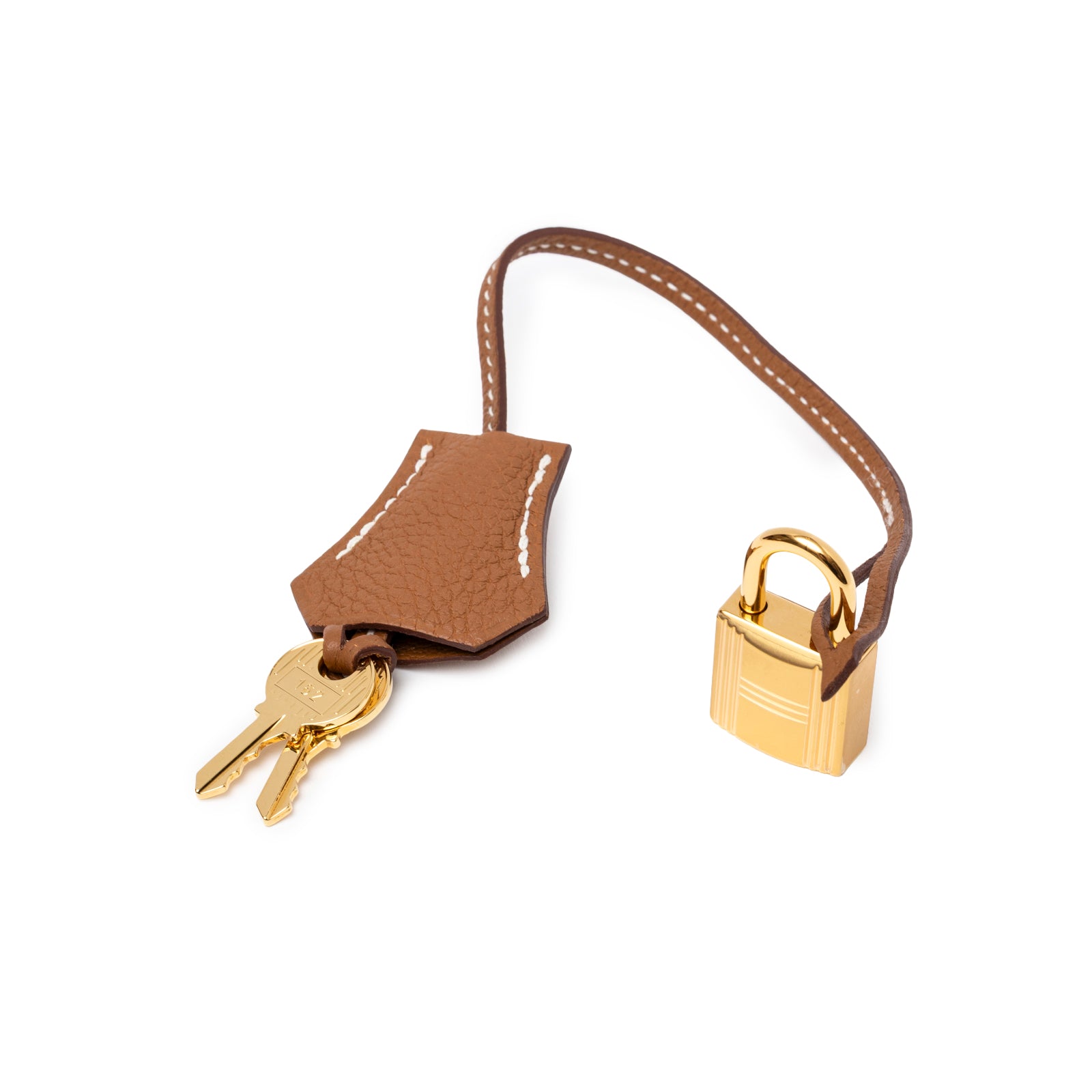 Gold padlock and two keys attached to brown leather strap with white stitching for Hermès Birkin 30 Gold Togo Gold Hardware