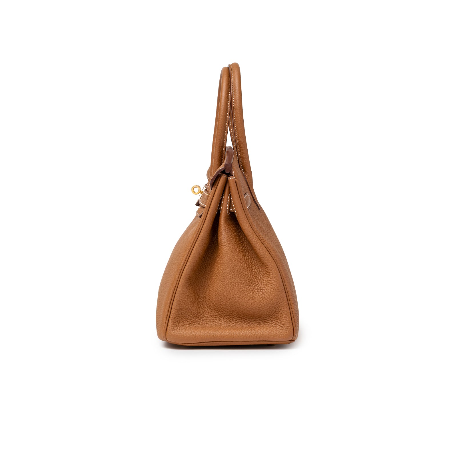 Side profile of Hermès Birkin 30 Gold Togo Gold Hardware handbag showcasing its textured leather and structured silhouette.