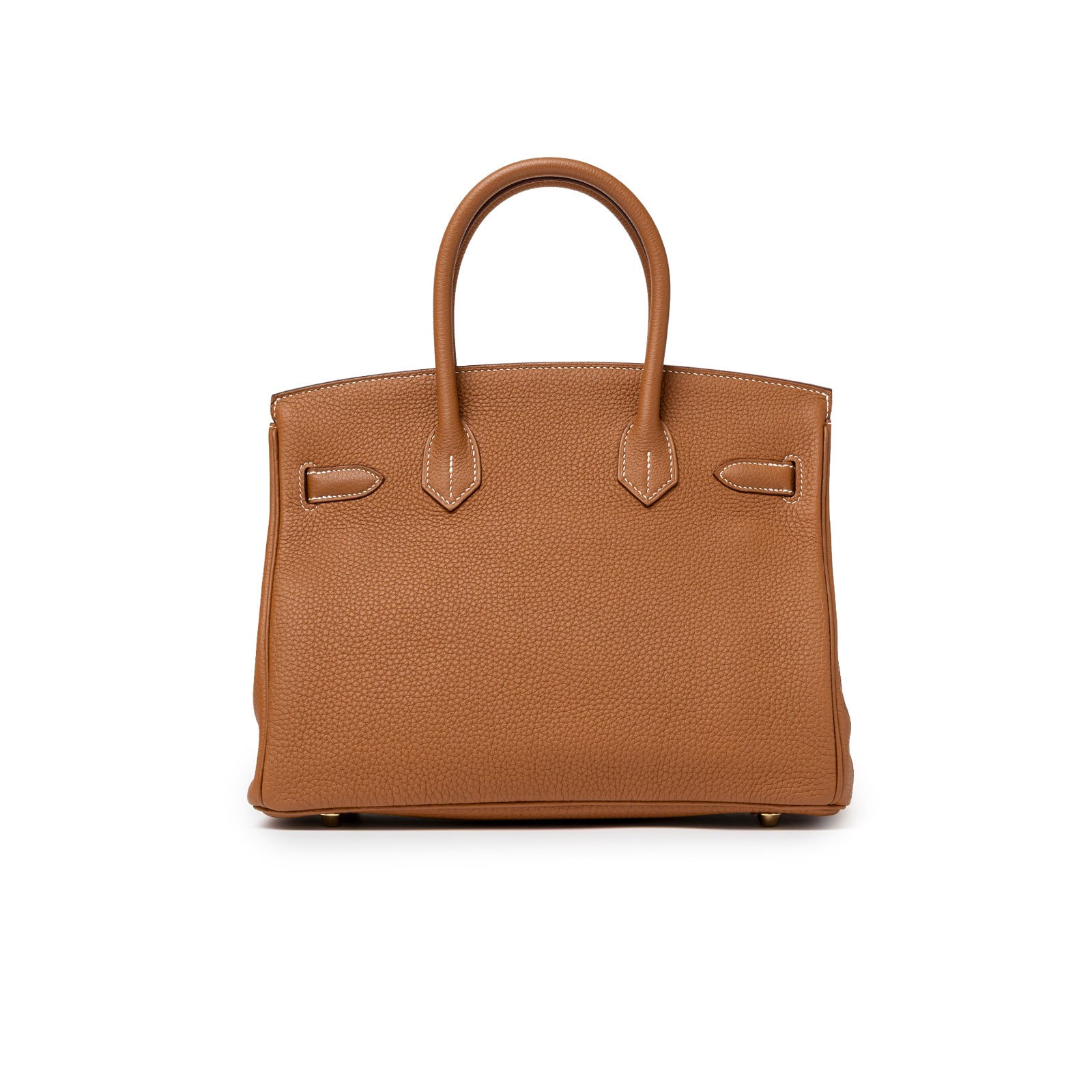 Back view of Hermès Birkin 30 Gold Togo Gold Hardware showcasing textured leather and structured handles.