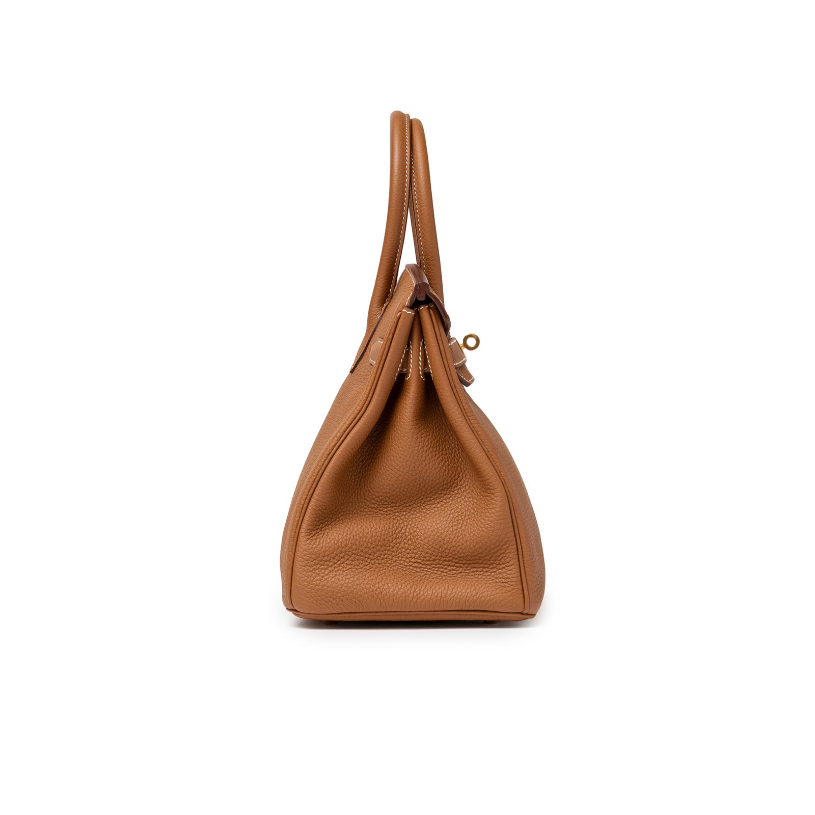 Side profile of Hermès Birkin 30 Gold Togo Gold Hardware showcasing textured leather and handle details.