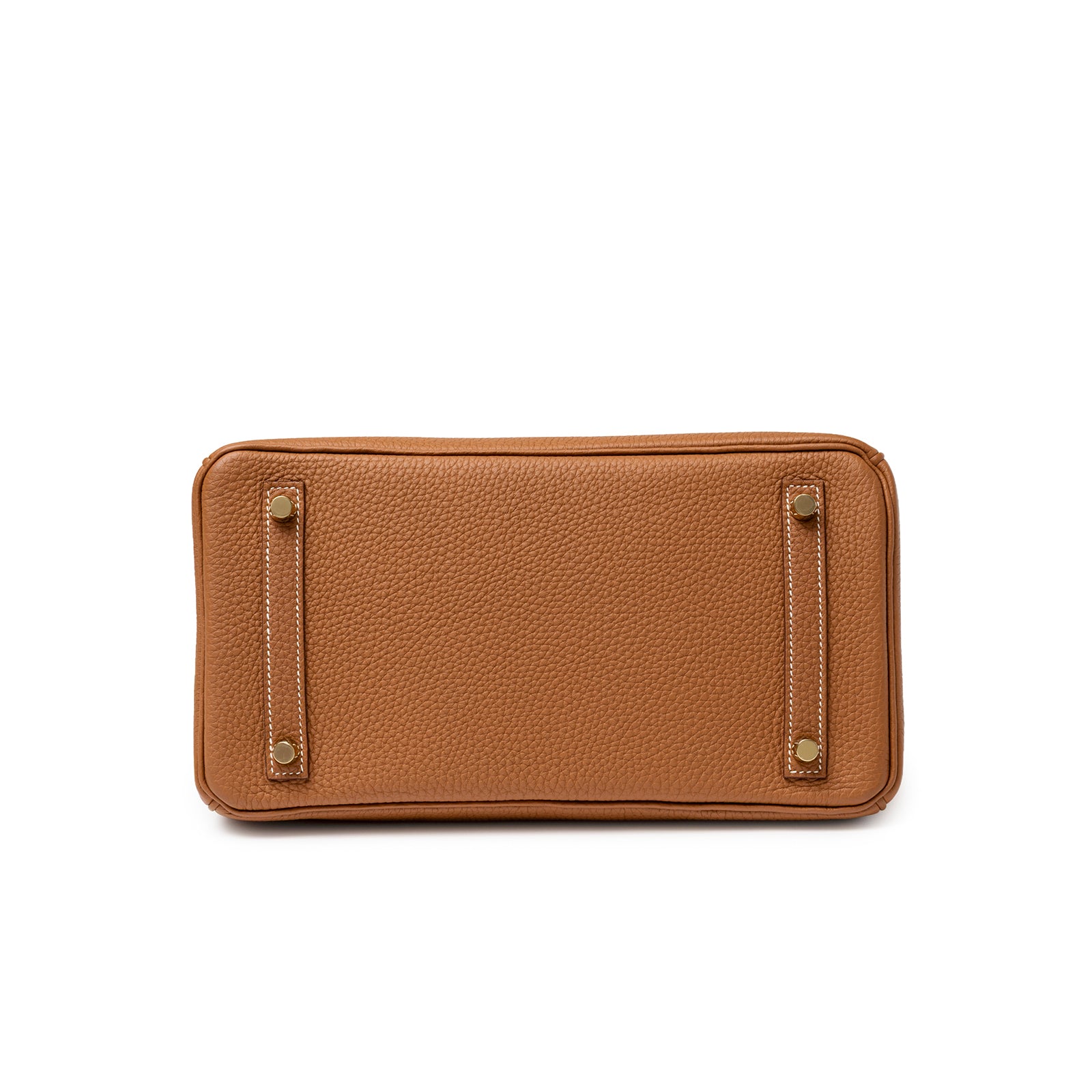 Bottom view of Hermès Birkin 30 Gold Togo Gold Hardware showing textured leather and protective feet hardware.