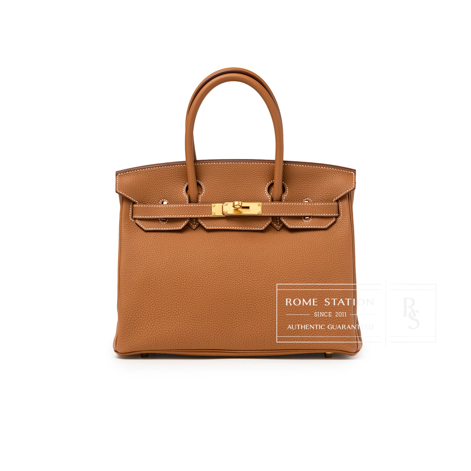 Front view of Hermès Birkin 30 Gold Togo Gold Hardware showing classic structured silhouette and polished clasp detail