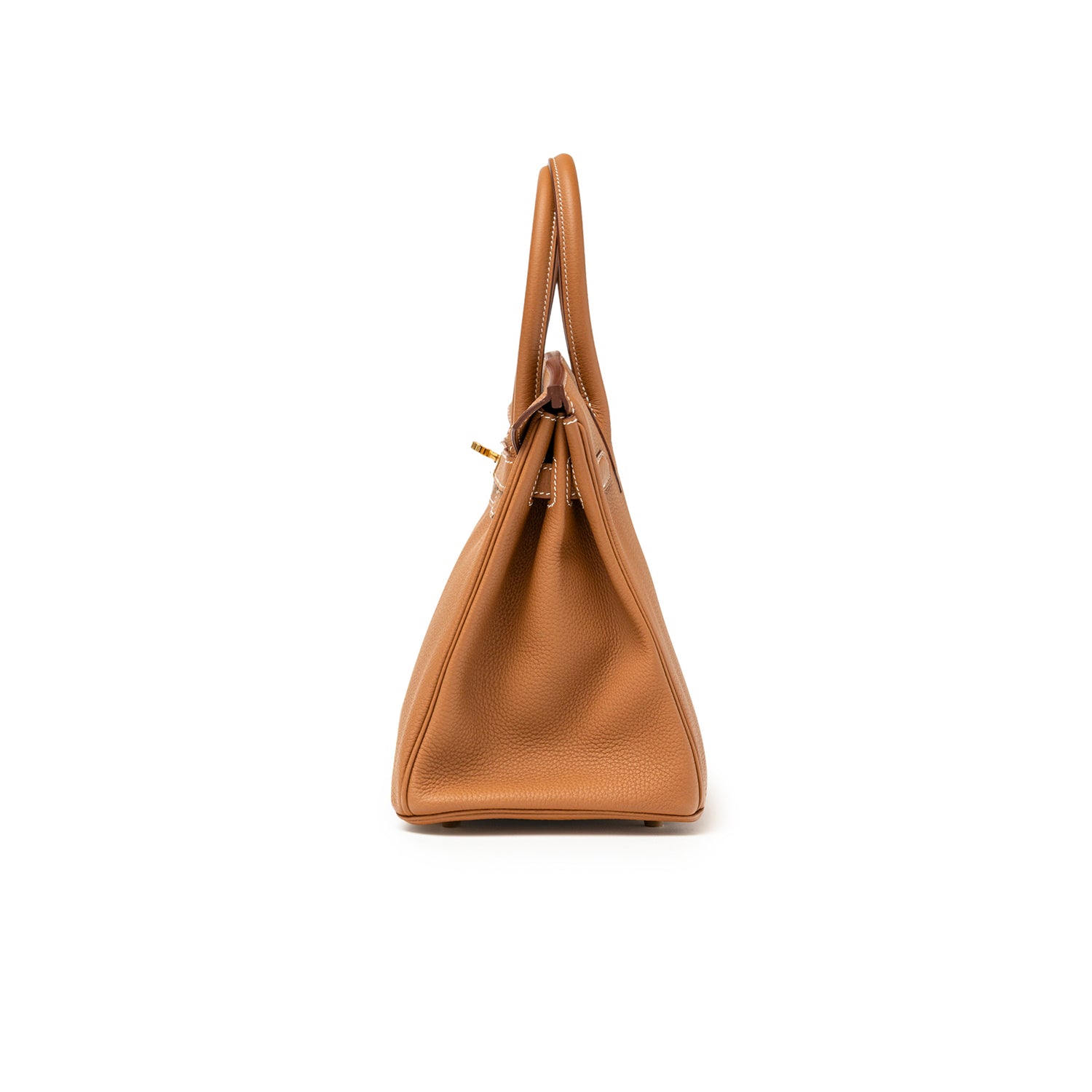 Side view of Hermès Birkin 30 Gold Togo Gold Hardware showing textured leather and structured silhouette