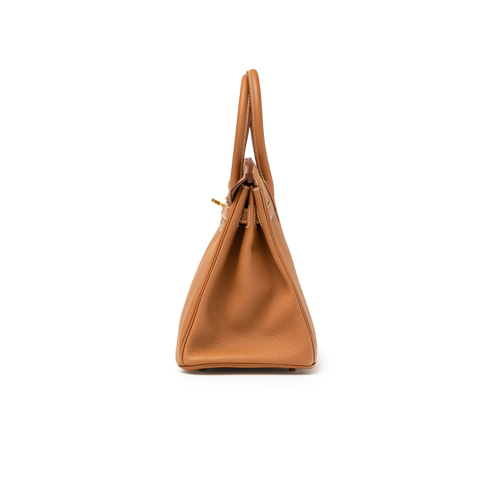 Side view of Hermès Birkin 30 Gold Togo Gold Hardware showing textured leather and structured silhouette