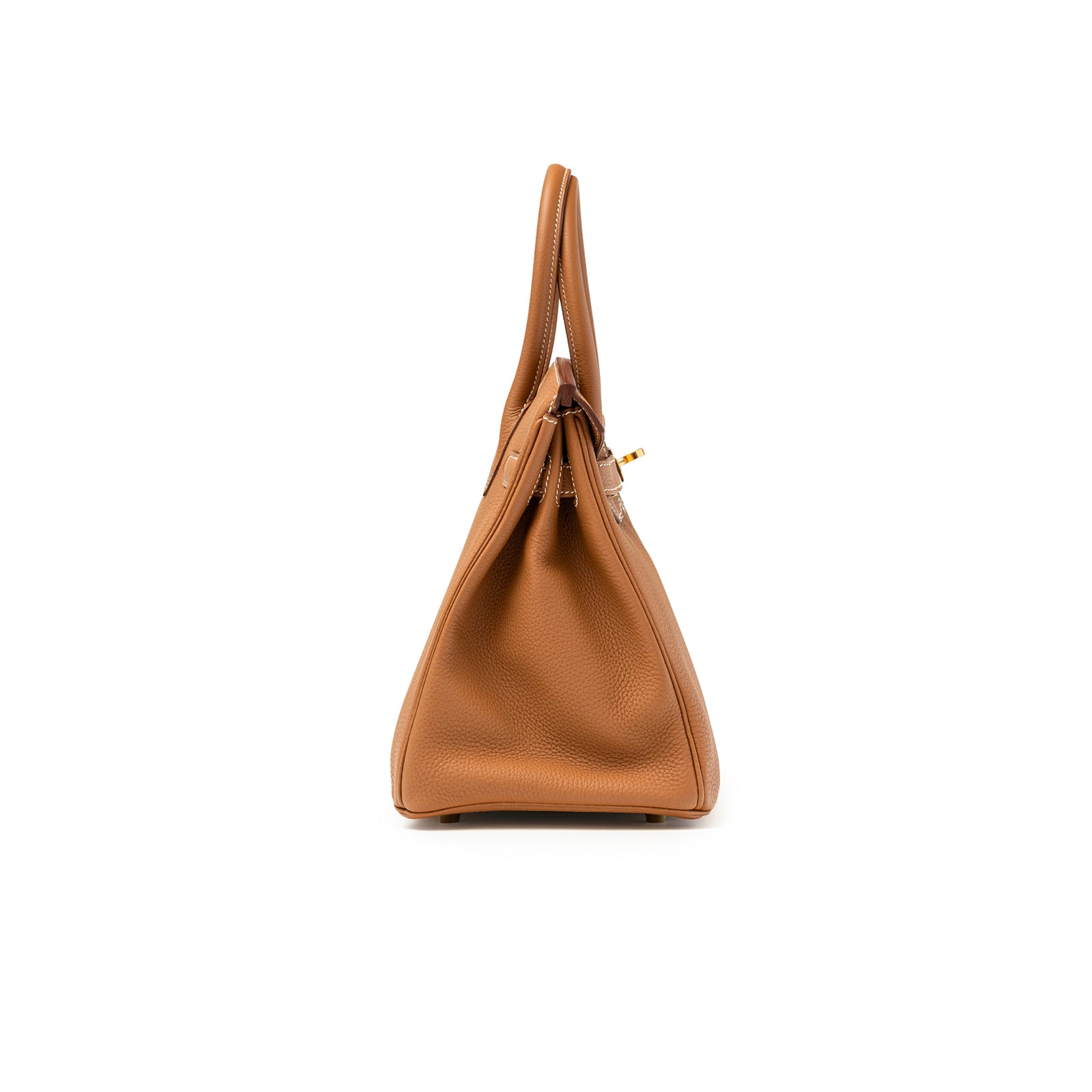 Side view of Hermès Birkin 30 Gold Togo Gold Hardware showcasing pebbled leather and structured silhouette