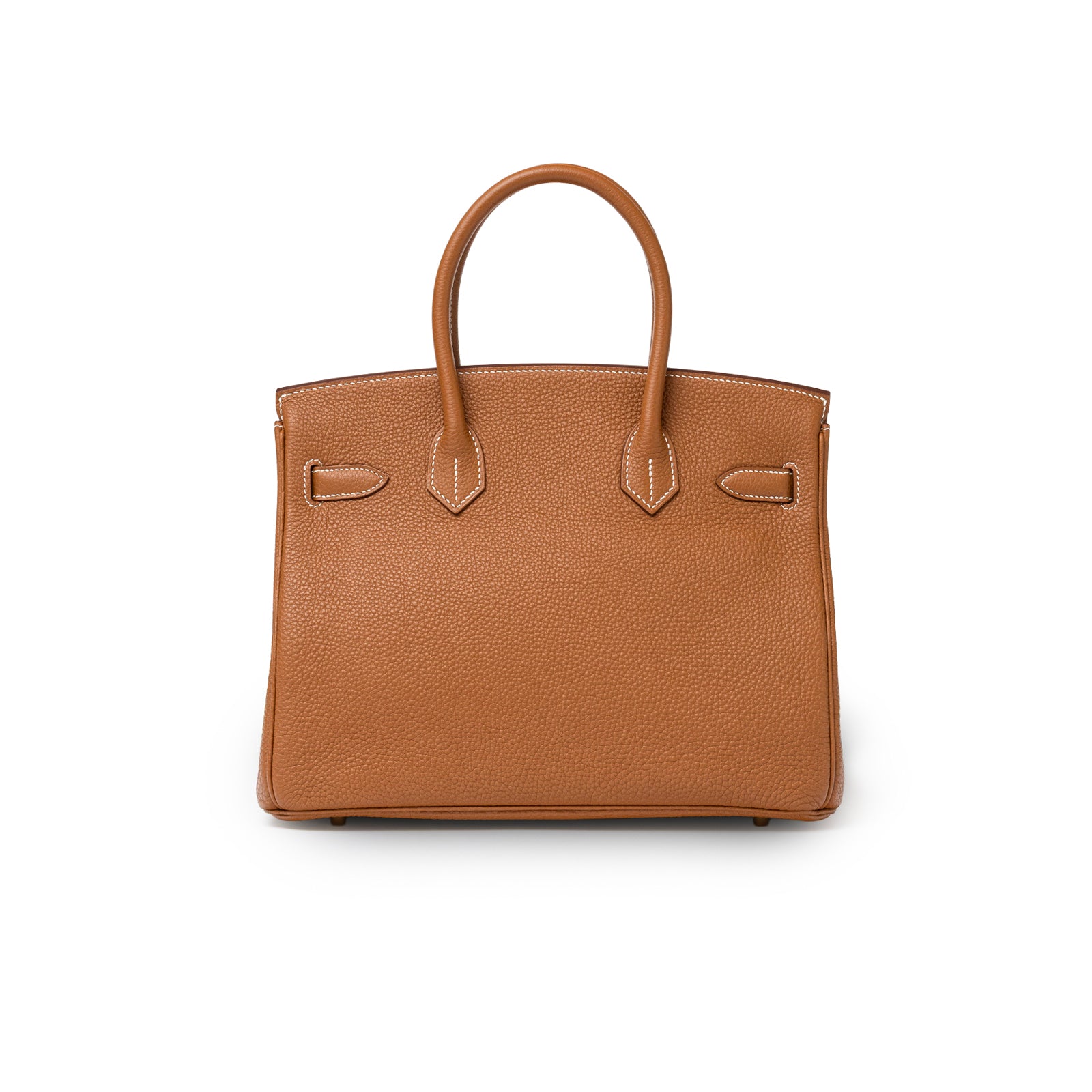 Back view of Hermès Birkin 30 Gold Togo Gold Hardware showcasing smooth leather texture and rounded handles