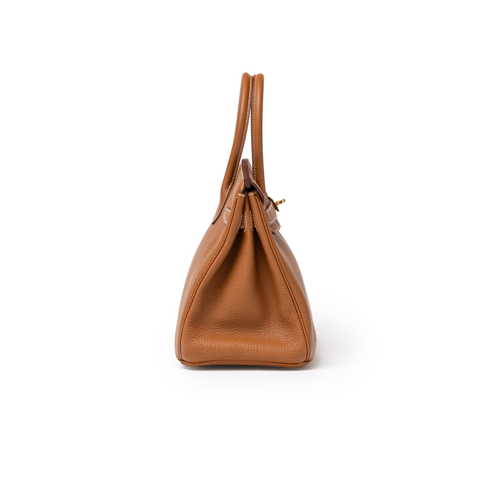 Side profile of Hermès Birkin 30 Gold Togo Gold Hardware showing textured leather and handle design