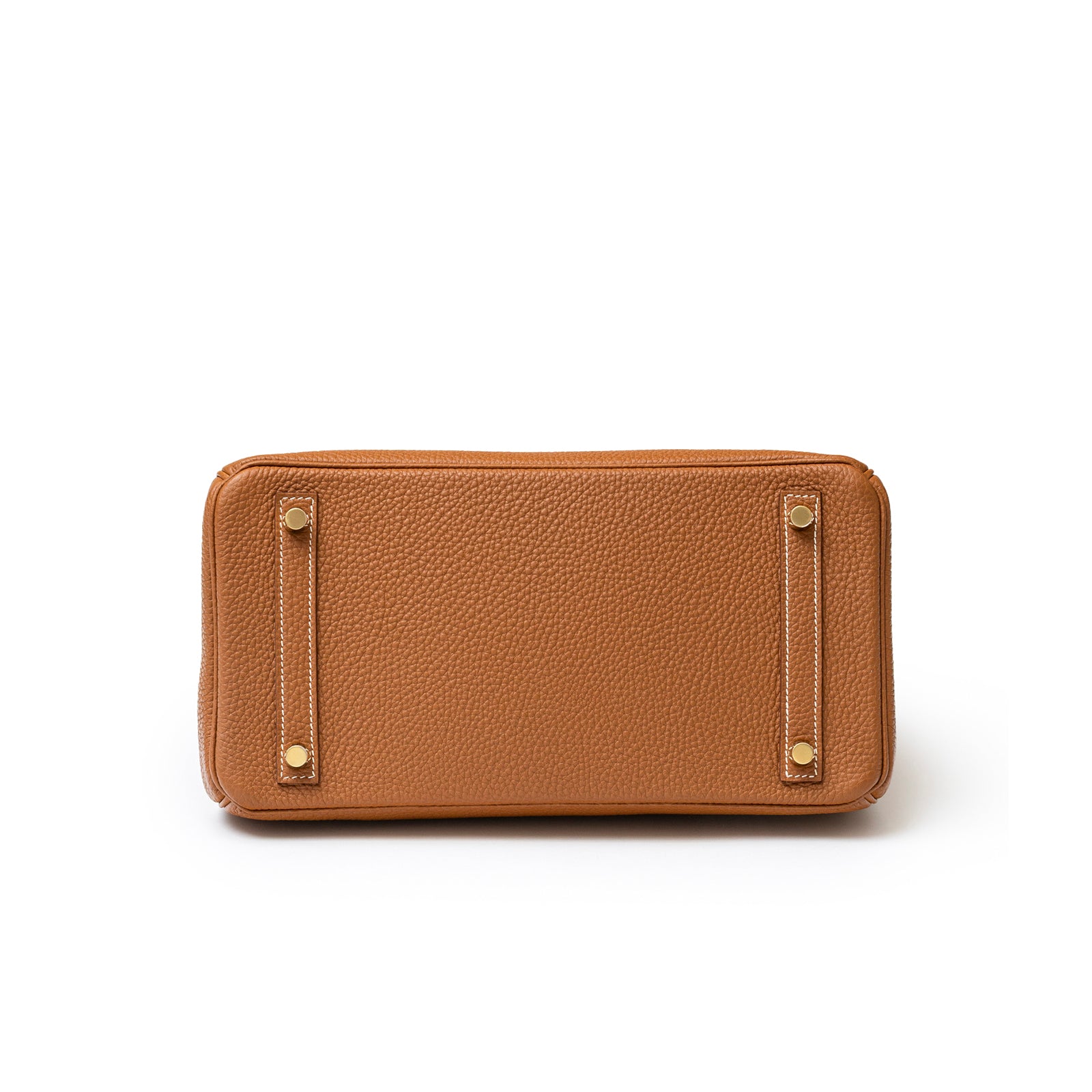 Bottom view of Hermès Birkin 30 Gold Togo Gold Hardware showing textured leather and gold studs on base straps