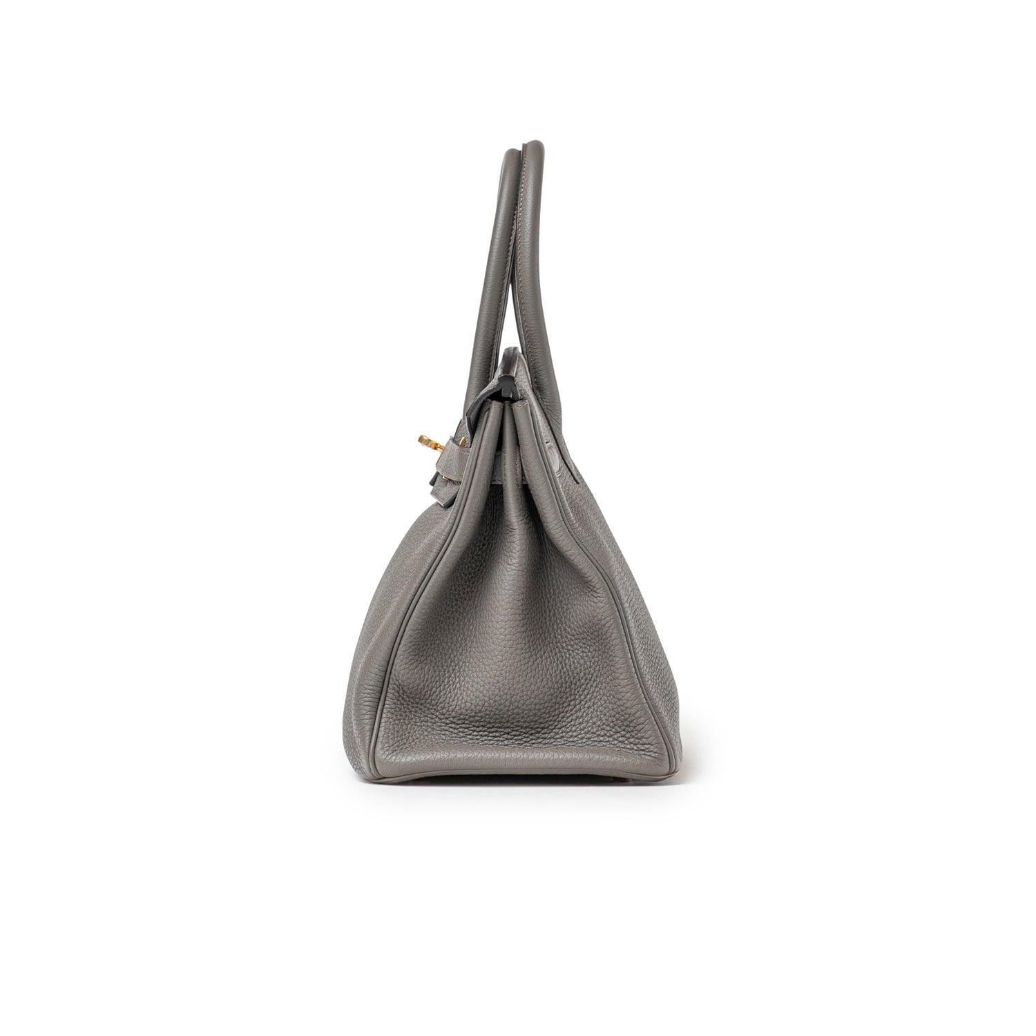 Side view of Hermès Birkin 30 Gris Meyer Togo Gold Hardware showcasing textured leather and structured silhouette.