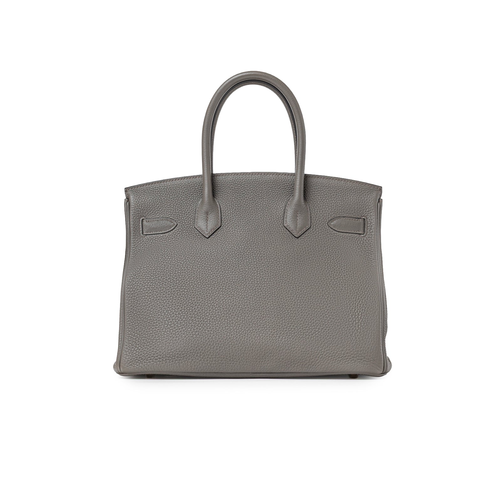 Back view of Hermès Birkin 30 Gris Meyer Togo Gold Hardware in textured gray leather handbag