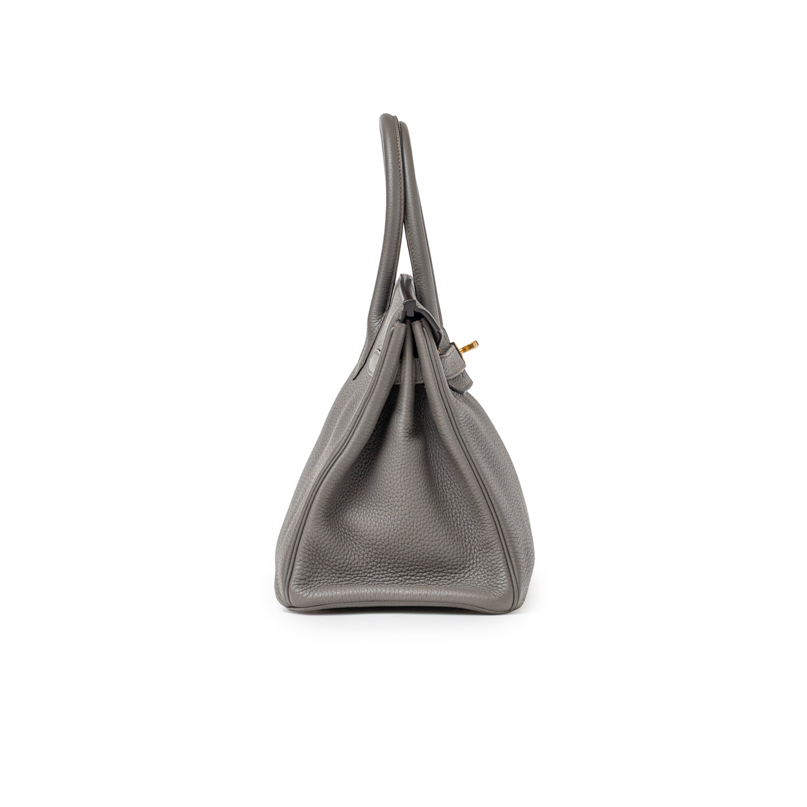 Side view of Hermès Birkin 30 Gris Meyer Togo Gold Hardware showing textured leather and handle design