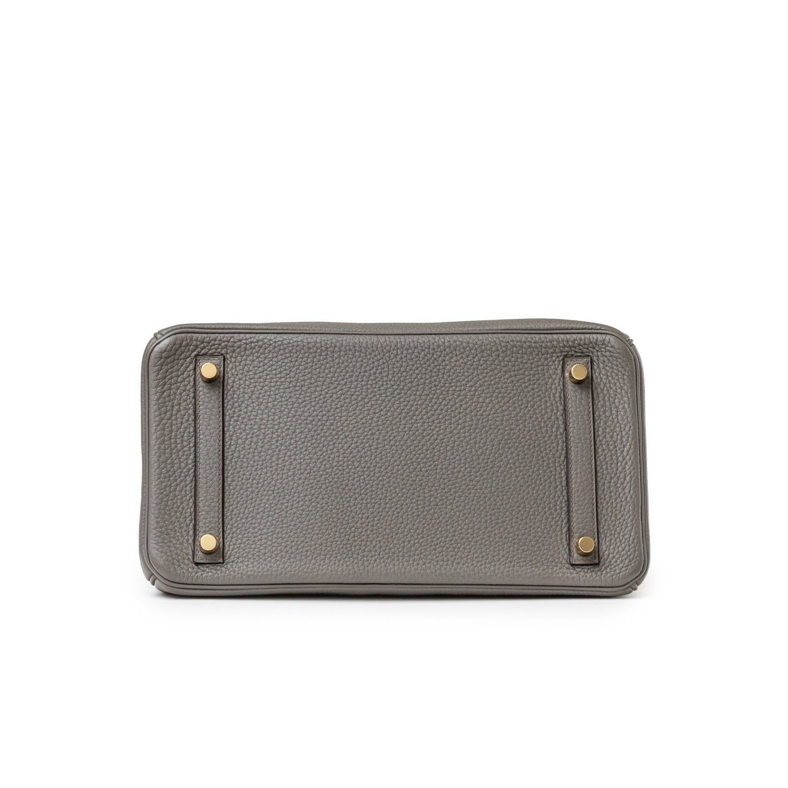 Bottom view of Hermès Birkin 30 Gris Meyer Togo Gold Hardware showing leather texture and gold feet details