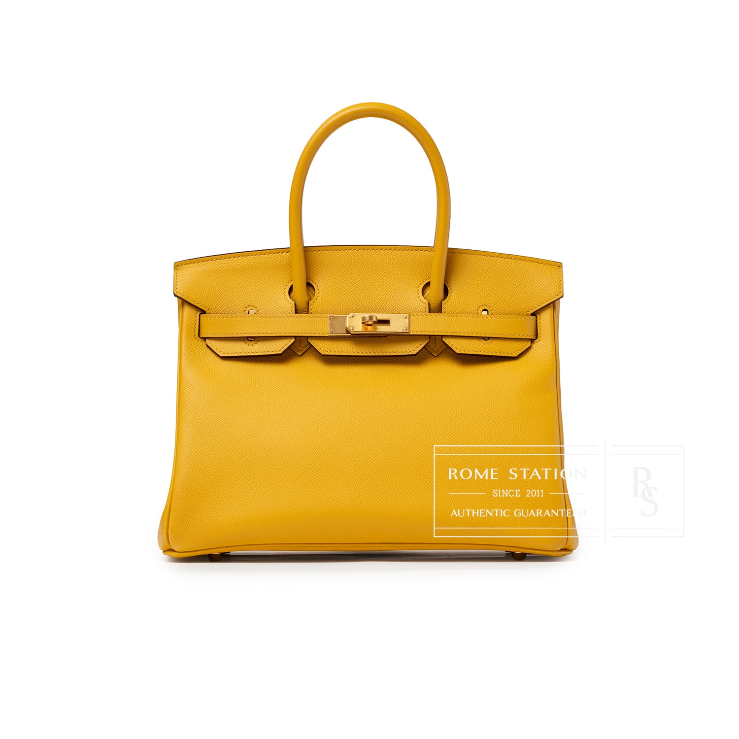Front view of Hermès Birkin 30 Jaune Ambre Epsom Gold Hardware showing smooth leather and gold clasp detail