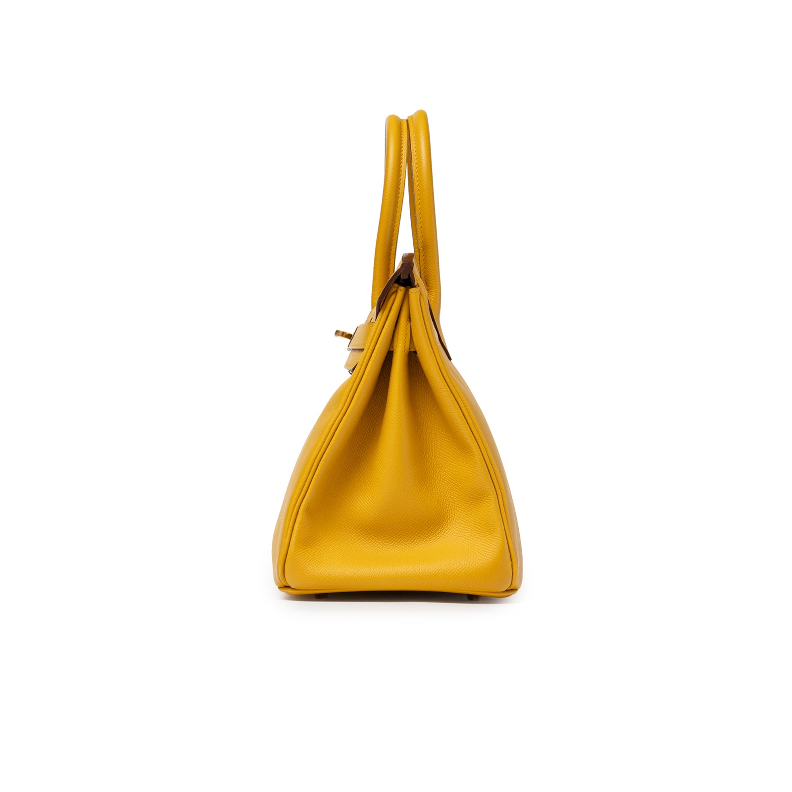 Side profile of Hermès Birkin 30 Jaune Ambre Epsom Gold Hardware highlighting structured leather and handle design