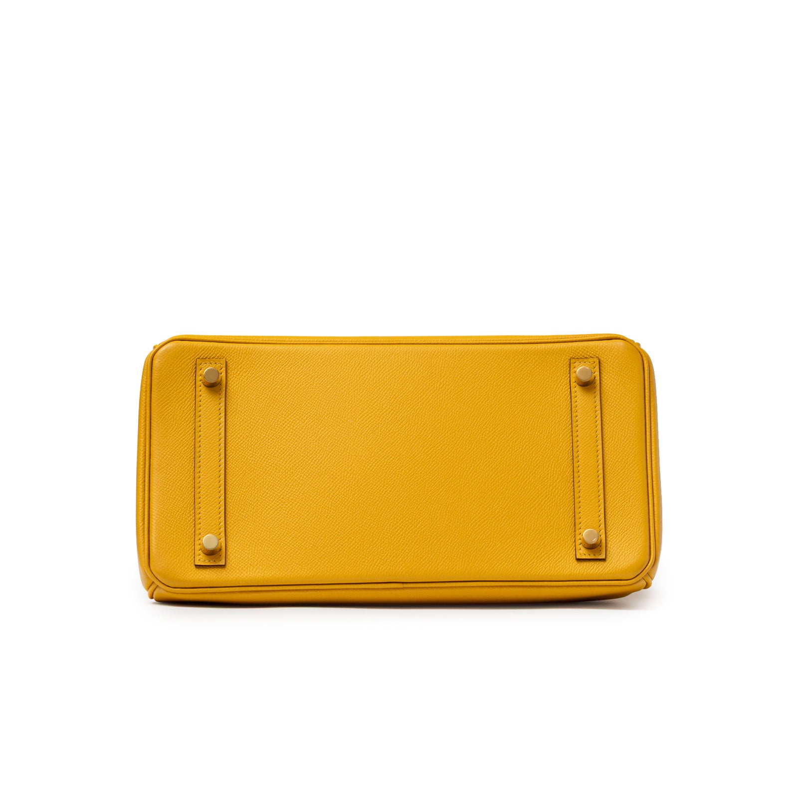 Bottom view of Hermès Birkin 30 Jaune Ambre Epsom Gold Hardware showing flat structured base and leather straps