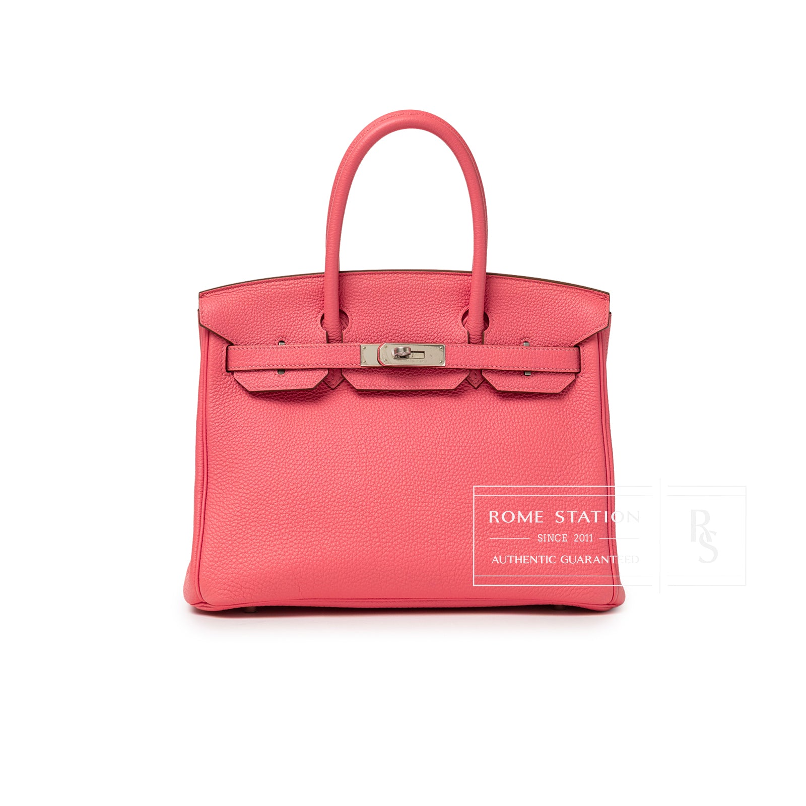 Front view of Hermès Birkin 30 Rose Lipstick Togo Palladium Hardware showcasing textured leather and silver clasp details